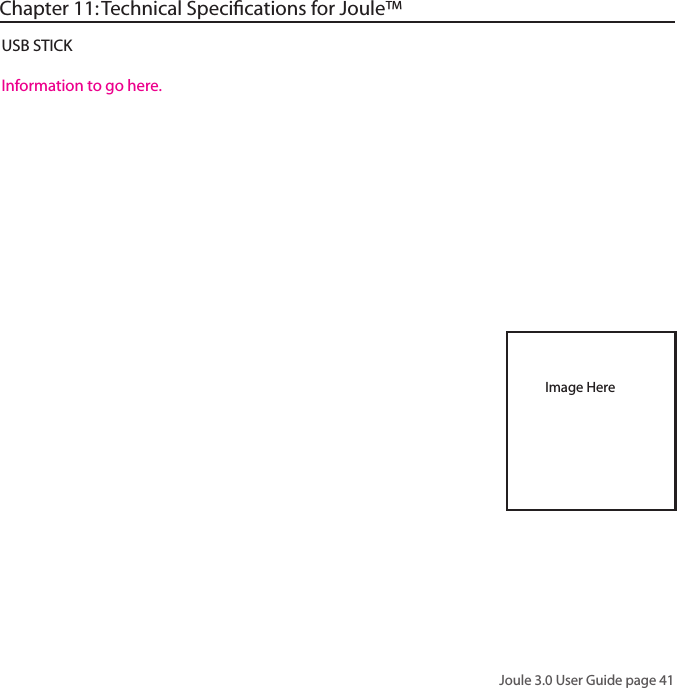 Joule 3.0 User Guide page 41USB STICKInformation to go here.Image HereChapter 11: Technical Speciﬁcations for Joule&trade;