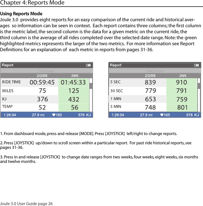 Joule 3.0 User Guide page 261. From dashboard mode, press and release [MODE]. Press [JOYSTICK]  left/right to change reports.  2. Press [JOYSTICK]  up/down to scroll screen within a particular report.  For past ride historical reports, see pages 31-36. 3. Press in and release [JOYSTICK]  to change date ranges from two weeks, four weeks, eight weeks, six months and twelve months. Using Reports ModeJoule 3.0  provides eight reports for an easy comparison of the current ride and historical aver-ages  so information can be seen in context.  Each report contains three columns; the ﬁ rst column is the metric label, the second column is the data for a given metric on the current ride, the third column is the average of all rides completed over the selected date range. Note: the green highlighted metrics represents the larger of the two metrics.  For more information see Report Deﬁ nitions for an explanation of  each metric in reports from pages 31-36. Chapter 4: Reports Mode