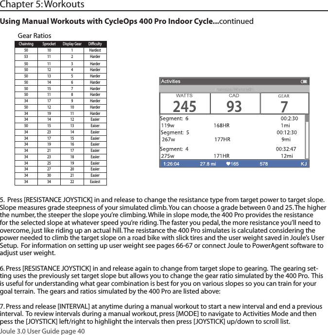 Joule 3.0 User Guide page 40Chapter 5: WorkoutsChainring Sprocket Display Gear Diﬃ  culty50 10 1 Hardest53 11 2 Harder50 11 3 Harder50 12 4 Harder50 13 5 Harder50 14 6 Harder50 15 7 Harder50 11 8 Harder34 17 9 Harder50 12 10 Harder34 19 11 Harder34 14 12 Easier50 15 13 Eaiser34 23 14 Easier34 17 15 Easier34 19 16 Easier34 21 17 Easier34 23 18 Easier34 25 19 Easier34 27 20 Easier34 30 21 Easier34 34 22 EasiestUsing Manual Workouts with CycleOps 400 Pro Indoor Cycle...continued 5.  Press [RESISTANCE JOYSTICK] in and release to change the resistance type from target power to target slope.  Slope measures grade steepness of your simulated climb. You can choose a grade between 0 and 25. The higher the number, the steeper the slope you&rsquo;re climbing. While in slope mode, the 400 Pro provides the resistance for the selected slope at whatever speed you&rsquo;re riding. The faster you pedal, the more resistance you&rsquo;ll need to overcome, just like riding up an actual hill. The resistance the 400 Pro simulates is calculated considering the power needed to climb the target slope on a road bike with slick tires and the user weight saved in Joule&rsquo;s User Setup.  For information on setting up user weight see pages 66-67 or connect Joule to PowerAgent software to adjust user weight.   6. Press [RESISTANCE JOYSTICK] in and release again to change from target slope to gearing.  The gearing set-ting uses the previously set target slope but allows you to change the gear ratio simulated by the 400 Pro.  This is useful for understanding what gear combination is best for you on various slopes so you can train for your goal terrain.  The gears and ratios simulated by the 400 Pro are listed above:7. Press and release [INTERVAL] at anytime during a manual workout to start a new interval and end a previous interval.  To review intervals during a manual workout, press [MODE] to navigate to Activities Mode and then pess the [JOYSTICK] left/right to highlight the intervals then press [JOYSTICK] up/down to scroll list. Gear Ratios