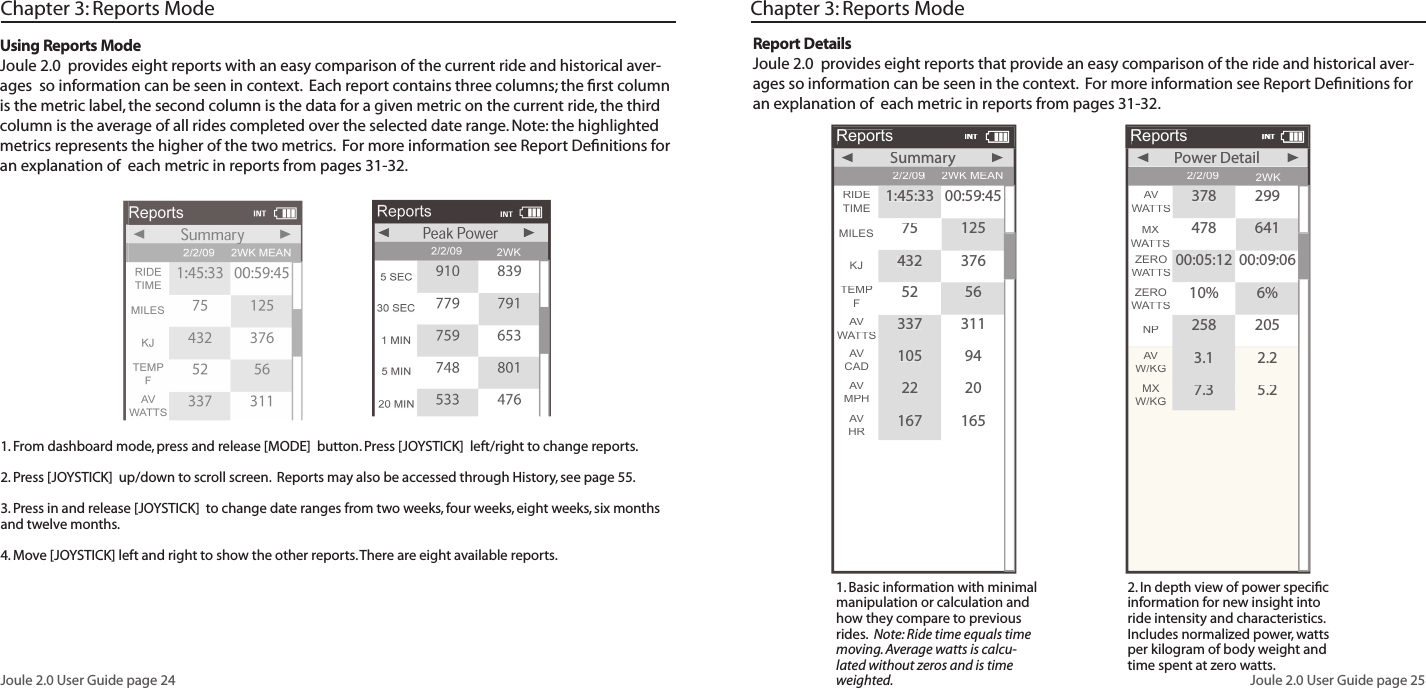 Joule 2.0 User Guide page 24Joule 2.0 User Guide page 251. From dashboard mode, press and release [MODE]  button. Press [JOYSTICK]  left/right to change reports.  2. Press [JOYSTICK]  up/down to scroll screen.  Reports may also be accessed through History, see page 55. 3. Press in and release [JOYSTICK]  to change date ranges from two weeks, four weeks, eight weeks, six months and twelve months. 4. Move [JOYSTICK] left and right to show the other reports. There are eight available reports.Using Reports ModeJoule 2.0  provides eight reports with an easy comparison of the current ride and historical aver-ages  so information can be seen in context.  Each report contains three columns; the ﬁ rst column is the metric label, the second column is the data for a given metric on the current ride, the third column is the average of all rides completed over the selected date range. Note: the highlighted metrics represents the higher of the two metrics.  For more information see Report Deﬁ nitions for an explanation of  each metric in reports from pages 31-32. Chapter 3: Reports Mode Chapter 3: Reports ModeReport DetailsJoule 2.0  provides eight reports that provide an easy comparison of the ride and historical aver-ages so information can be seen in the context.  For more information see Report Deﬁ nitions for an explanation of  each metric in reports from pages 31-32. 2. In depth view of power speciﬁ c information for new insight into ride intensity and characteristics. Includes normalized power, watts per kilogram of body weight and time spent at zero watts. 1. Basic information with minimal manipulation or calculation and how they compare to previous rides.  Note: Ride time equals time moving. Average watts is calcu-lated without zeros and is time weighted.Reports2/2/09RIDETIMEAVWATTSWATTSWAAVCAD2WK MEANSummaryryMILES75125KJ432376337311TEMPF525610594AVMPH2220AVHR1671651:45:3300:59:45INTReports2/2/09AVWATTSWATTSWAZEROWATTSWATTSWANP2WKPower DetailMXWATTSWATTSWA478641ZEROWATTSWATTSWA10%6%258205AVW/KG3.1212.2MXW/KG7.3535.237829900:05:1200:09:06INT