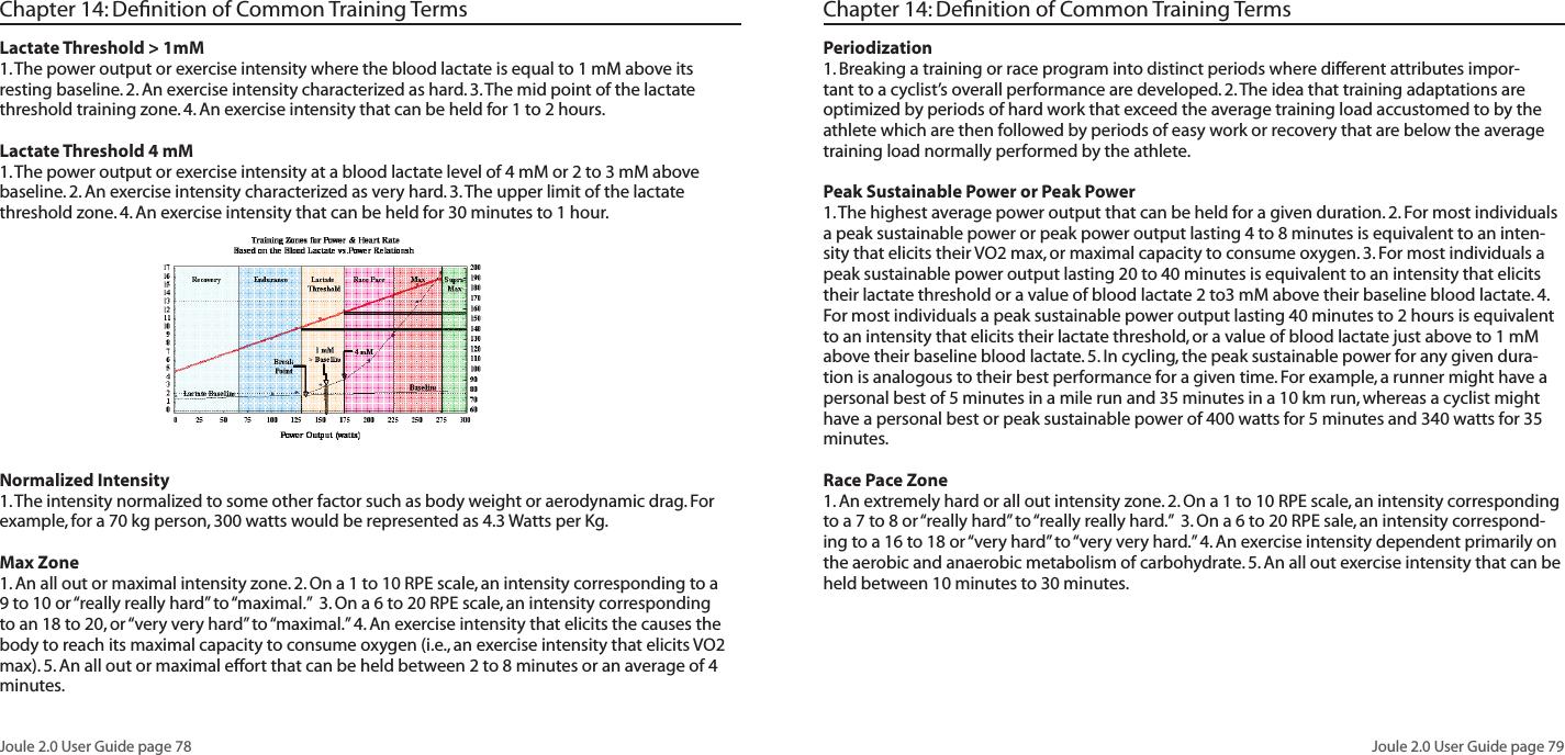 Joule 2.0 User Guide page 78Joule 2.0 User Guide page 79Chapter 14: Defi nition of Common Training TermsLactate Threshold > 1mM 1. The power output or exercise intensity where the blood lactate is equal to 1 mM above its resting baseline. 2. An exercise intensity characterized as hard. 3. The mid point of the lactate threshold training zone. 4. An exercise intensity that can be held for 1 to 2 hours. Lactate Threshold 4 mM1. The power output or exercise intensity at a blood lactate level of 4 mM or 2 to 3 mM above baseline. 2. An exercise intensity characterized as very hard. 3. The upper limit of the lactate threshold zone. 4. An exercise intensity that can be held for 30 minutes to 1 hour. Normalized Intensity 1. The intensity normalized to some other factor such as body weight or aerodynamic drag. For example, for a 70 kg person, 300 watts would be represented as 4.3 Watts per Kg. Max Zone 1. An all out or maximal intensity zone. 2. On a 1 to 10 RPE scale, an intensity corresponding to a 9 to 10 or “really really hard” to “maximal.” 3. On a 6 to 20 RPE scale, an intensity corresponding to an 18 to 20, or “very very hard” to “maximal.” 4. An exercise intensity that elicits the causes the body to reach its maximal capacity to consume oxygen (i.e., an exercise intensity that elicits VO2 max). 5. An all out or maximal effort that can be held between 2 to 8 minutes or an average of 4 minutes. Chapter 14: Defi nition of Common Training TermsPeriodization 1. Breaking a training or race program into distinct periods where different attributes impor-tant to a cyclist’s overall performance are developed. 2. The idea that training adaptations are optimized by periods of hard work that exceed the average training load accustomed to by the athlete which are then followed by periods of easy work or recovery that are below the average training load normally performed by the athlete. Peak Sustainable Power or Peak Power 1. The highest average power output that can be held for a given duration. 2. For most individuals a peak sustainable power or peak power output lasting 4 to 8 minutes is equivalent to an inten-sity that elicits their VO2 max, or maximal capacity to consume oxygen. 3. For most individuals a peak sustainable power output lasting 20 to 40 minutes is equivalent to an intensity that elicits their lactate threshold or a value of blood lactate 2 to3 mM above their baseline blood lactate. 4. For most individuals a peak sustainable power output lasting 40 minutes to 2 hours is equivalent to an intensity that elicits their lactate threshold, or a value of blood lactate just above to 1 mM above their baseline blood lactate. 5. In cycling, the peak sustainable power for any given dura-tion is analogous to their best performance for a given time. For example, a runner might have a personal best of 5 minutes in a mile run and 35 minutes in a 10 km run, whereas a cyclist might have a personal best or peak sustainable power of 400 watts for 5 minutes and 340 watts for 35 minutes. Race Pace Zone 1. An extremely hard or all out intensity zone. 2. On a 1 to 10 RPE scale, an intensity corresponding to a 7 to 8 or “really hard” to “really really hard.” 3. On a 6 to 20 RPE sale, an intensity correspond-ing to a 16 to 18 or “very hard” to “very very hard.” 4. An exercise intensity dependent primarily on the aerobic and anaerobic metabolism of carbohydrate. 5. An all out exercise intensity that can be held between 10 minutes to 30 minutes.