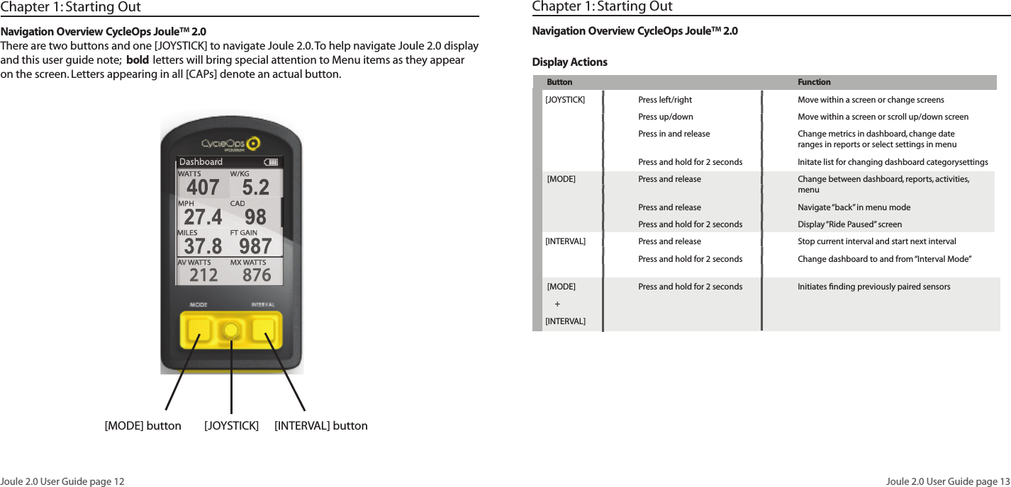 Joule 2.0 User Guide page 12Joule 2.0 User Guide page 13Chapter 1: Starting Out[MODE] button [JOYSTICK]  [INTERVAL] buttonNavigation Overview CycleOps Joule&trade; 2.0There are two buttons and one [JOYSTICK] to navigate Joule 2.0. To help navigate Joule 2.0 display and this user guide note;  bold letters will bring special attention to Menu items as they appear on the screen. Letters appearing in all [CAPs] denote an actual button.Chapter 1: Starting Out        Button           Function   [JOYSTICK]   Press left/right    Move within a screen or change screens    Press up/down     Move within a screen or scroll up/down screen     Press in and release     Change metrics in dashboard, change date             ranges in reports or select settings in menu    Press and hold for 2 seconds   Initate list for changing dashboard categorysettings [MODE]    Press and release     Change between dashboard, reports, activities,        menu    Press and release    Navigate &ldquo;back&rdquo; in menu mode    Press and hold for 2 seconds   Display &ldquo;Ride Paused&rdquo; screen[INTERVAL]   Press and release     Stop current interval and start next interval    Press and hold for 2 seconds   Change dashboard to and from &ldquo;Interval Mode&rdquo;   [MODE]        Press and hold for 2 seconds   Initiates ﬁ nding previously paired sensors     +[INTERVAL] Display ActionsNavigation Overview CycleOps Joule&trade; 2.0 [JOYSTICK]   Press left/right    Move within a screen or change screens    Press up/down     Move within a screen or scroll up/down screen     Press in and release     Change metrics in dashboard, change date             ranges in reports or select settings in menu    Press and hold for 2 seconds   Initate list for changing dashboard categorysettings [MODE]    Press and release     Change between dashboard, reports, activities,        menu    Press and release    Navigate &ldquo;back&rdquo; in menu mode    Press and hold for 2 seconds   Display &ldquo;Ride Paused&rdquo; screen[INTERVAL]   Press and release     Stop current interval and start next interval    Press and hold for 2 seconds   Change dashboard to and from &ldquo;Interval Mode&rdquo;   [MODE]        Press and hold for 2 seconds   Initiates ﬁ nding previously paired sensors[JOYSTICK]   Press left/right    Move within a screen or change screens    Press up/down     Move within a screen or scroll up/down screen     Press in and release     Change metrics in dashboard, change date             ranges in reports or select settings in menu    Press and hold for 2 seconds   Initate list for changing dashboard categorysettings [MODE]    Press and release     Change between dashboard, reports, activities,        menu    Press and release    Navigate &ldquo;back&rdquo; in menu mode    Press and hold for 2 seconds   Display &ldquo;Ride Paused&rdquo; screen[INTERVAL]   Press and release     Stop current interval and start next interval    Press and hold for 2 seconds   Change dashboard to and from &ldquo;Interval Mode&rdquo;   [MODE]        Press and hold for 2 seconds   Initiates ﬁ nding previously paired sensorsDashboardW/W/W/KGMXWATTWATTWASAVWATTWATTWAS2128764075.2MPHCHCAD27.498MILESFT GAIN37.8987WATTWATTWAS