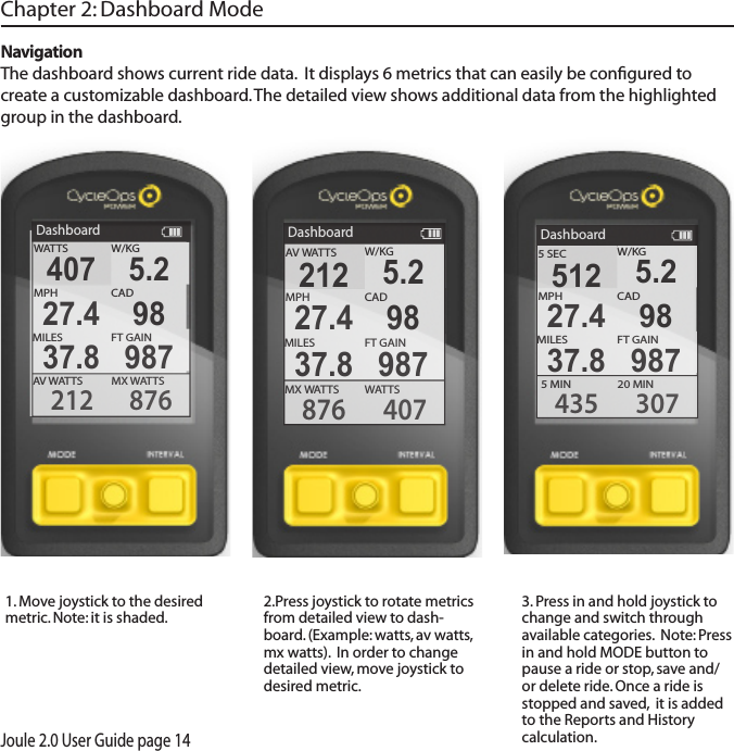 Joule 2.0 User Guide page 141. Move joystick to the desired metric. Note: it is shaded. 2.Press joystick to rotate metrics from detailed view to dash-board. (Example: watts, av watts, mx watts).  In order to change detailed view, move joystick to  desired metric.3. Press in and hold joystick to change and switch through available categories.  Note: Press in and hold MODE button to pause a ride or stop, save and/or delete ride. Once a ride is stopped and saved,  it is added to the Reports and History calculation.Chapter 2: Dashboard ModeNavigationThe dashboard shows current ride data.  It displays 6 metrics that can easily be conﬁgured to create a customizable dashboard. The detailed view shows additional data from the highlighted group in the dashboard. DashboardW/KG20 MIN5 MIN435 307512 5.2MPHCAD27.4 98MILES FT GAIN37.8 9875 SECDashboardW/KGMX WATTSAV WATTS212 876407 5.2MPHCAD27.4 98MILES FT GAIN37.8 987WATTSDashboardW/KGWATTSMX WAT TS876 407212 5.2MPHCAD27.4 98MILES FT GAIN37.8 987AV  WAT TS