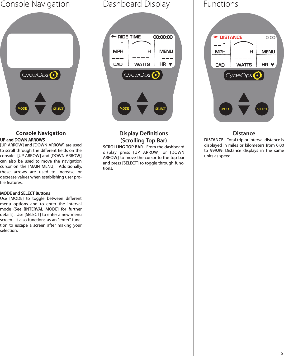 6Console NavigationUP and DOWN ARROWS[UP ARROW] and [DOWN ARROW] are usedto scroll through  the different fields on theconsole.  [UP ARROW] and [DOWN ARROW]can also be used to move the navigationcursor on the [MAIN MENU].  Additionally,these arrows are used to increase ordecrease values when establishing user pro-file features.MODE and SELECT ButtonsUse [MODE] to  toggle between differentmenu options and to enter  the intervalmode (See [INTERVAL MODE] for furtherdetails).  Use [SELECT] to enter a new menuscreen.  It also functions as an "enter" func-tion  to escape a screen after making yourselection.SELECTMODEDisplay Definitions (Scrolling Top Bar)SCROLLING TOP BAR - From the dashboarddisplay press [UP ARROW] or [DOWNARROW] to move the cursor to the top barand press [SELECT] to toggle through func-tions.RIDE TIME 00:00:00MPHCADMENUWATTS HRHSELECTMODE SELECTMODEDistanceDISTANCE - Total trip or interval distance isdisplayed in miles or kilometers from 0.00to 999.99. Distance displays in the sameunits as speed.DISTANCE 0.00MPHCADMENUWATTS HRHConsole Navigation FunctionsDashboard Display