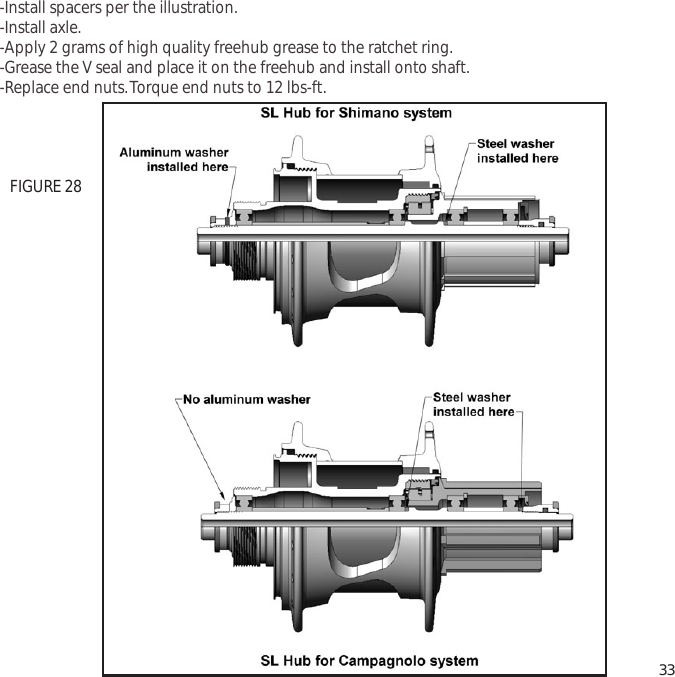 -Install spacers per the illustration.-Install axle.-Apply 2 grams of high quality freehub grease to the ratchet ring.-Grease the V seal and place it on the freehub and install onto shaft.-Replace end nuts.Torque end nuts to 12 lbs-ft.33FIGURE 28