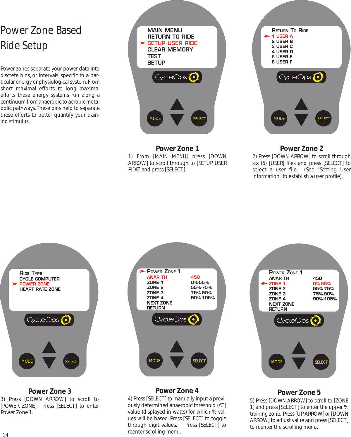 14Power Zone 55) Press [DOWN ARROW] to scroll to [ZONE1] and press [SELECT] to enter the upper %training zone.  Press [UP ARROW] or [DOWNARROW] to adjust value and press [SELECT]to reenter the scrolling menu. SELECTMODEPower Zone 44) Press [SELECT] to manually input a previ-ously determined anaerobic threshold (AT)value (displayed in watts) for which % val-ues will be based. Press [SELECT] to togglethrough digit values.    Press [SELECT] toreenter scrolling menu.Power Zone 22) Press [DOWN ARROW] to scroll throughsix (6) [USER] files and press [SELECT]  toselect a user file.  (See "Setting UserInformation" to establish a user profile).Power Zone 33)  Press [DOWN ARROW]  to scroll  to[POWER ZONE].  Press [SELECT]  to enterPower Zone 1.SELECTMODERETURN TORIDE1 USER A2 USER B3 USER C4 USER D5 USER E6 USER FSELECTMODERIDE TYPECYCLE COMPUTERPOWER ZONEHEART RATE ZONEPOWER ZONE 1ANAR TH 450ZONE 1 0%-55%ZONE 2 55%-75%ZONE 3 75%-90%ZONE 4 90%-105%NEXT ZONERETURNSELECTMODEPOWER ZONE 1ANAR TH 450ZONE 1 0%-55%ZONE 2 55%-75%ZONE 3 75%-90%ZONE 4 90%-105%NEXT ZONERETURNSELECTMODEPower Zone 11) From [MAIN MENU] press [DOWNARROW] to scroll through to [SETUP USERRIDE] and press [SELECT].MAIN MENURETURN TO RIDESETUP USER RIDECLEAR MEMORYTESTSETUPPower Zone Based Ride SetupPower zones separate your power data intodiscrete bins, or intervals, specific to a par-ticular energy or physiological system. Fromshort maximal efforts  to long maximalefforts  these energy systems run along acontinuum from anaerobic to aerobic meta-bolic pathways. These bins help to separatethese efforts to better quantify your train-ing stimulus.