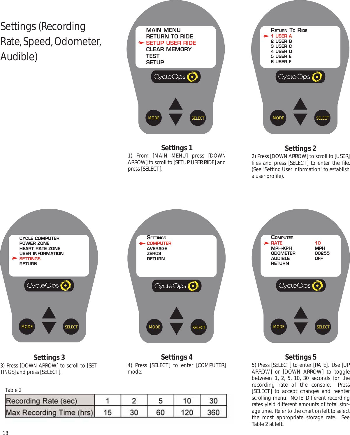 18Settings 33) Press [DOWN ARROW] to scroll to [SET-TINGS] and press [SELECT].Settings 22) Press [DOWN ARROW] to scroll to [USER]files and press [SELECT]  to enter  the file.(See "Setting User Information" to establisha user profile).Settings 44)  Press [SELECT]  to enter [COMPUTER]mode.Settings 11) From [MAIN MENU] press [DOWNARROW] to scroll to [SETUP USER RIDE] andpress [SELECT].Settings 55) Press [SELECT] to enter [RATE].  Use [UPARROW] or [DOWN ARROW]  to  togglebetween 1, 2, 5, 10, 30 seconds for therecording rate of the  console.  Press[SELECT]  to accept changes and reenterscrolling menu.  NOTE: Different recordingrates yield different amounts of total stor-age time.  Refer to the chart on left to selectthe most appropriate storage rate.  SeeTable 2 at left.SELECTMODESETTINGSCOMPUTERAVERAGEZEROSRETURNSELECTMODECYCLE COMPUTERPOWER ZONEHEART RATE ZONEUSER INFORMATIONSETTINGSRETURNSELECTMODEMAIN MENURETURN TO RIDESETUP USER RIDECLEAR MEMORYTESTSETUPSELECTMODECOMPUTERRATE 10MPH-KPH MPHODOMETER 00255AUDIBLE OFFRETURNSettings (RecordingRate, Speed, Odometer,Audible)SELECTMODERETURN TORIDE1 USER A2 USER B3 USER C4 USER D5 USER E6 USER FTable 2
