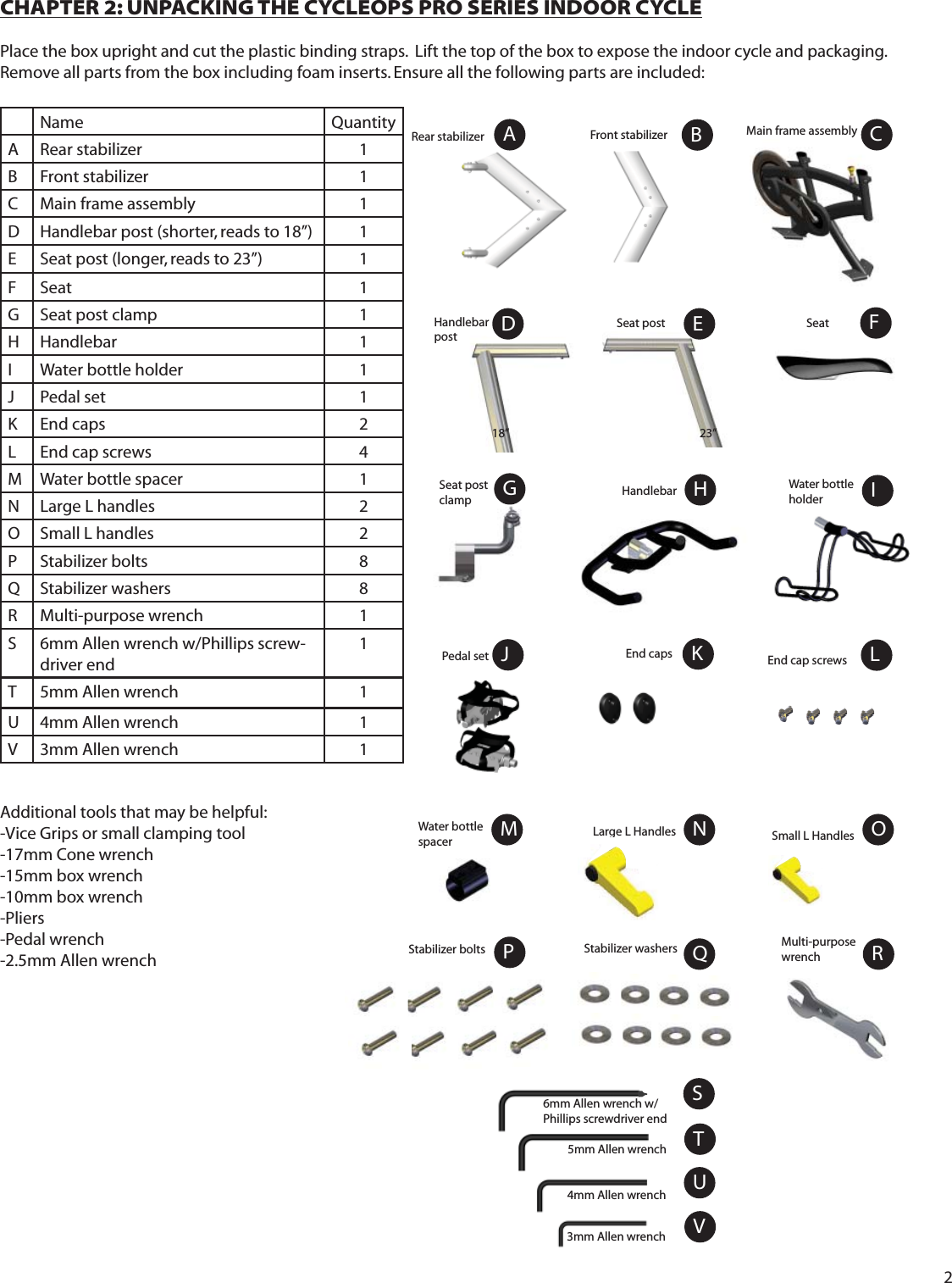 2CHAPTER 2: UNPACKING THE CYCLEOPS PRO SERIES INDOOR CYCLEPlace the box upright and cut the plastic binding straps.  Lift the top of the box to expose the indoor cycle and packaging.  Remove all parts from the box including foam inserts. Ensure all the following parts are included:Name QuantityA Rear stabilizer  1B Front stabilizer  1C Main frame assembly  1D Handlebar post (shorter, reads to 18&rdquo;) 1E Seat post (longer, reads to 23&rdquo;) 1FSeat 1G Seat post clamp 1H Handlebar 1I Water bottle holder  1J Pedal set 1K End caps 2L End cap screws 4M Water bottle spacer 1N Large L handles 2O Small L handles  2P Stabilizer bolts 8Q Stabilizer washers 8R Multi-purpose wrench 1S 6mm Allen wrench w/Phillips screw-driver end1T 5mm Allen wrench 1U 4mm Allen wrench 1V 3mm Allen wrench 1ABCD E FGHIJMAdditional tools that may be helpful:-Vice Grips or small clamping tool-17mm Cone wrench-15mm box wrench-10mm box wrench-Pliers-Pedal wrench-2.5mm Allen wrenchRear stabilizer Front stabilizer Main frame assemblySeat postSeat post clampWater bottle holderHandlebarSeat Pedal setWater bottle spacerHandlebar postSmall L HandlesLarge L Handles18&rdquo; 23&rdquo;OPStabilizer bolts Stabilizer washers Q RTMulti-purpose wrenchUVEnd caps KLEnd cap screwsSN5mm Allen wrench3mm Allen wrench4mm Allen wrench6mm Allen wrench w/Phillips screwdriver end