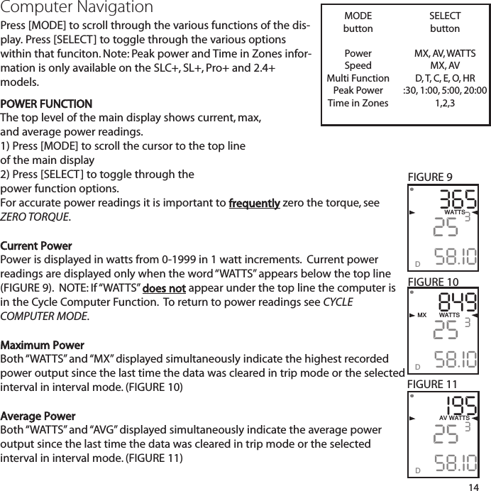 POWER FUNCTIONThe top level of the main display shows current, max, and average power readings.  1) Press [MODE] to scroll the cursor to the top line of the main display2) Press [SELECT] to toggle through the power function options. For accurate power readings it is important to frequently zero the torque, seeZERO TORQUE.Current PowerPower is displayed in watts from 0-1999 in 1 watt increments.  Current powerreadings are displayed only when the word &ldquo;WATTS&rdquo; appears below the top line(FIGURE 9).  NOTE: If &ldquo;WATTS&rdquo; does not appear under the top line the computer isin the Cycle Computer Function.  To return to power readings see CYCLECOMPUTER MODE. Maximum PowerBoth &ldquo;WATTS&rdquo;  and &ldquo;MX&rdquo;  displayed simultaneously indicate the highest recordedpower output since the last time the data was cleared in trip mode or the selectedinterval in interval mode. (FIGURE 10)Average PowerBoth &ldquo;WATTS&rdquo;  and &ldquo;AVG&rdquo; displayed simultaneously indicate the average power output since the last time the data was cleared in trip mode or the selected interval in interval mode. (FIGURE 11)143652558.I0WATTS3D8492558.I0MX       WATTS 3DI952558.I03DAV WATTSFIGURE 9FIGURE 10FIGURE 11Computer NavigationPress [MODE] to scroll through the various functions of the dis-play. Press [SELECT] to toggle through the various optionswithin that funciton. Note: Peak power and Time in Zones infor-mation is only available on the SLC+, SL+, Pro+ and 2.4+ models.MODEbuttonPowerSpeedMulti FunctionPeak PowerTime in ZonesSELECTbuttonMX, AV, WATTSMX, AVD, T, C, E, O, HR:30, 1:00, 5:00, 20:001,2,3