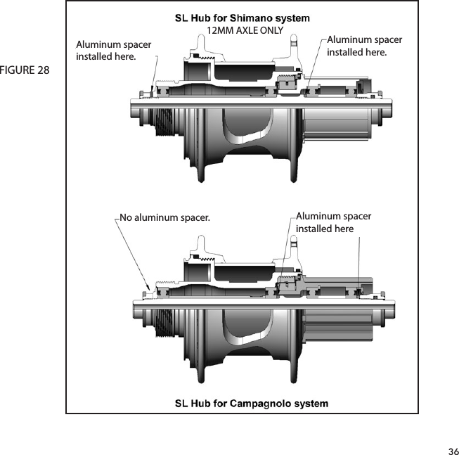 36FIGURE 28Aluminum spacerinstalled here.Aluminum spacerinstalled here.No aluminum spacer. Aluminum spacerinstalled here12MM AXLE ONLY