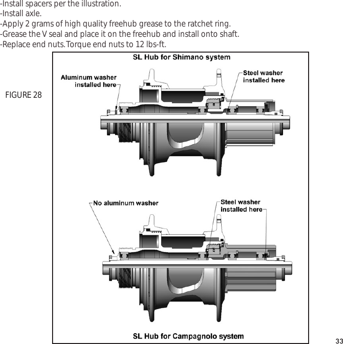 -Install spacers per the illustration.-Install axle.-Apply 2 grams of high quality freehub grease to the ratchet ring.-Grease the V seal and place it on the freehub and install onto shaft.-Replace end nuts.Torque end nuts to 12 lbs-ft.33FIGURE 28