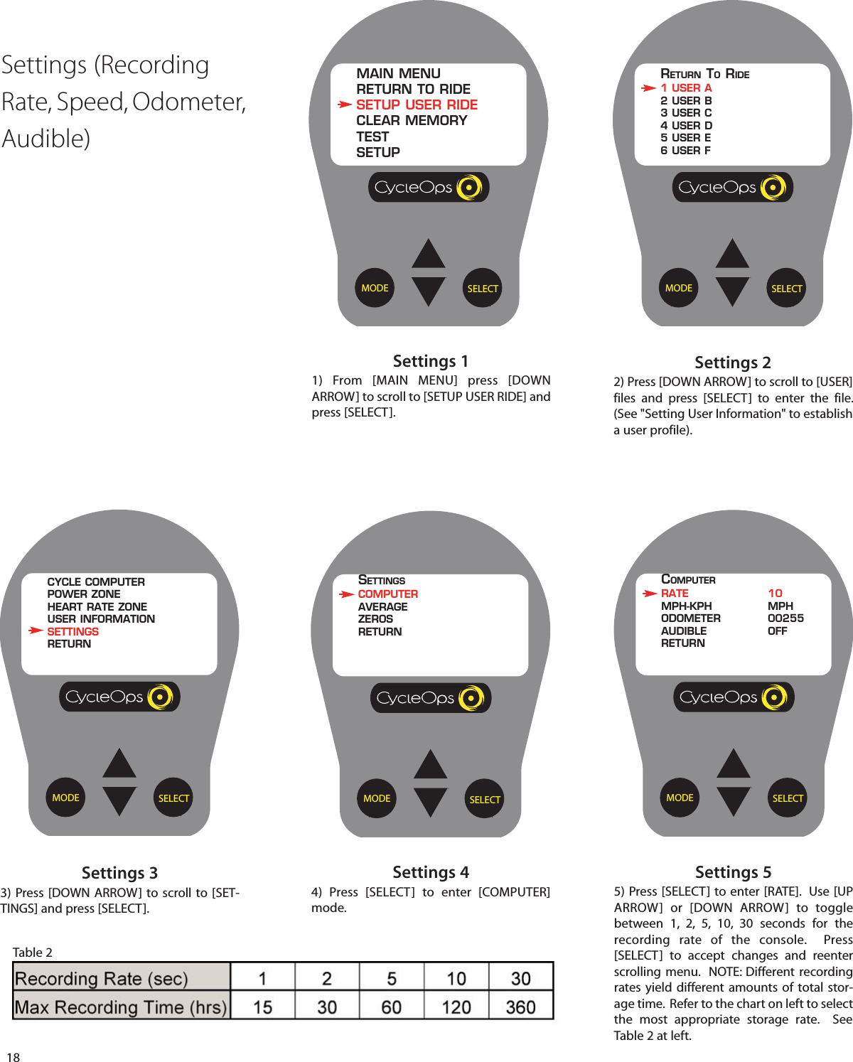 18Settings 33) Press [DOWN ARROW] to scroll to [SET-TINGS] and press [SELECT].Settings 22) Press [DOWN ARROW] to scroll to [USER]files and press [SELECT]  to enter  the file.(See "Setting User Information" to establisha user profile).Settings 44)  Press [SELECT]  to enter [COMPUTER]mode.Settings 11) From [MAIN MENU] press [DOWNARROW] to scroll to [SETUP USER RIDE] andpress [SELECT].Settings 55) Press [SELECT] to enter [RATE].  Use [UPARROW] or [DOWN ARROW]  to  togglebetween 1, 2, 5, 10, 30 seconds for therecording rate of the  console.  Press[SELECT]  to accept changes and reenterscrolling menu.  NOTE: Different recordingrates yield different amounts of total stor-age time.  Refer to the chart on left to selectthe most appropriate storage rate.  SeeTable 2 at left.SELECTMODESETTINGSCOMPUTERAVERAGEZEROSRETURNSELECTMODECYCLE COMPUTERPOWER ZONEHEART RATE ZONEUSER INFORMATIONSETTINGSRETURNSELECTMODEMAIN MENURETURN TO RIDESETUP USER RIDECLEAR MEMORYTESTSETUPSELECTMODECOMPUTERRATE 10MPH-KPH MPHODOMETER 00255AUDIBLE OFFRETURNSettings (RecordingRate, Speed, Odometer,Audible)SELECTMODERETURN TORIDE1 USER A2 USER B3 USER C4 USER D5 USER E6 USER FTable 2