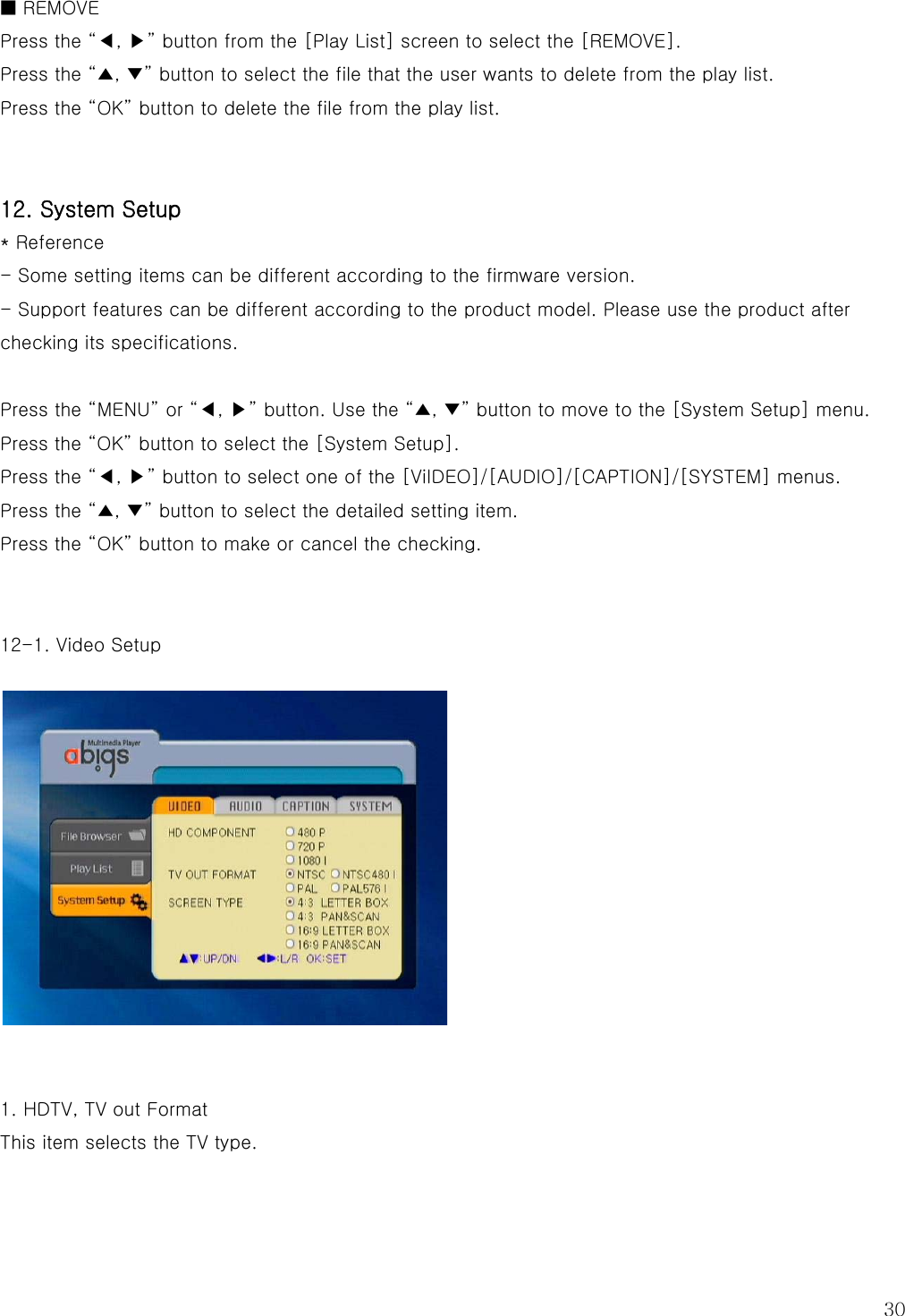  30 ■ REMOVE Press the “◀, ▶” button from the [Play List] screen to select the [REMOVE]. Press the “▲, ▼” button to select the file that the user wants to delete from the play list. Press the “OK” button to delete the file from the play list.   12. System Setup * Reference - Some setting items can be different according to the firmware version. - Support features can be different according to the product model. Please use the product after checking its specifications.  Press the “MENU” or “◀, ▶” button. Use the “▲, ▼” button to move to the [System Setup] menu. Press the “OK” button to select the [System Setup]. Press the “◀, ▶” button to select one of the [ViIDEO]/[AUDIO]/[CAPTION]/[SYSTEM] menus. Press the “▲, ▼” button to select the detailed setting item. Press the “OK” button to make or cancel the checking.     12-1. Video Setup   1. HDTV, TV out Format This item selects the TV type.  