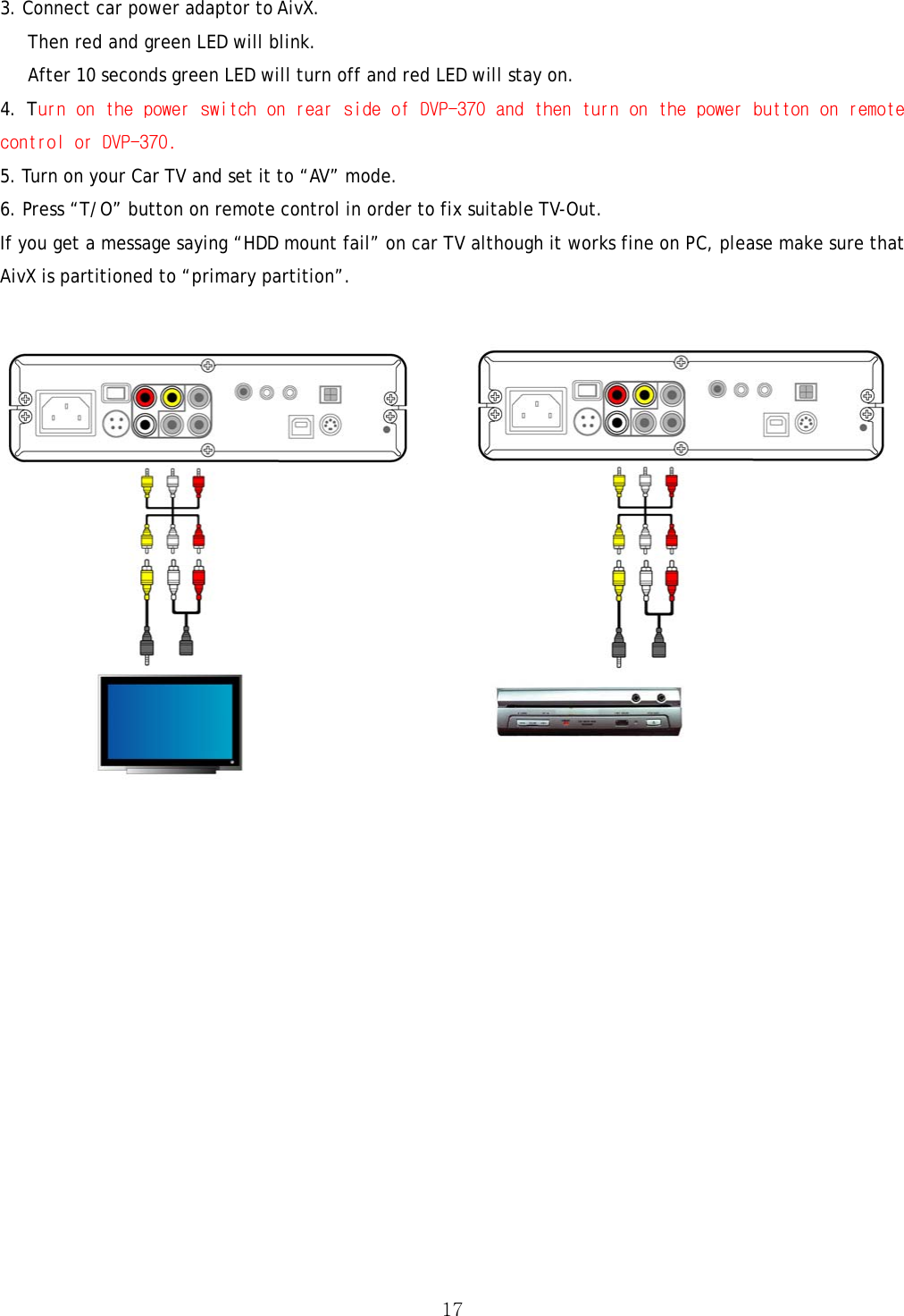  173. Connect car power adaptor to AivX.       Then red and green LED will blink. After 10 seconds green LED will turn off and red LED will stay on. 4. Turn on the power switch on rear side of DVP-370 and then turn on the power button on remote control or DVP-370. 5. Turn on your Car TV and set it to “AV” mode. 6. Press “T/O” button on remote control in order to fix suitable TV-Out. If you get a message saying “HDD mount fail” on car TV although it works fine on PC, please make sure that AivX is partitioned to “primary partition”.        