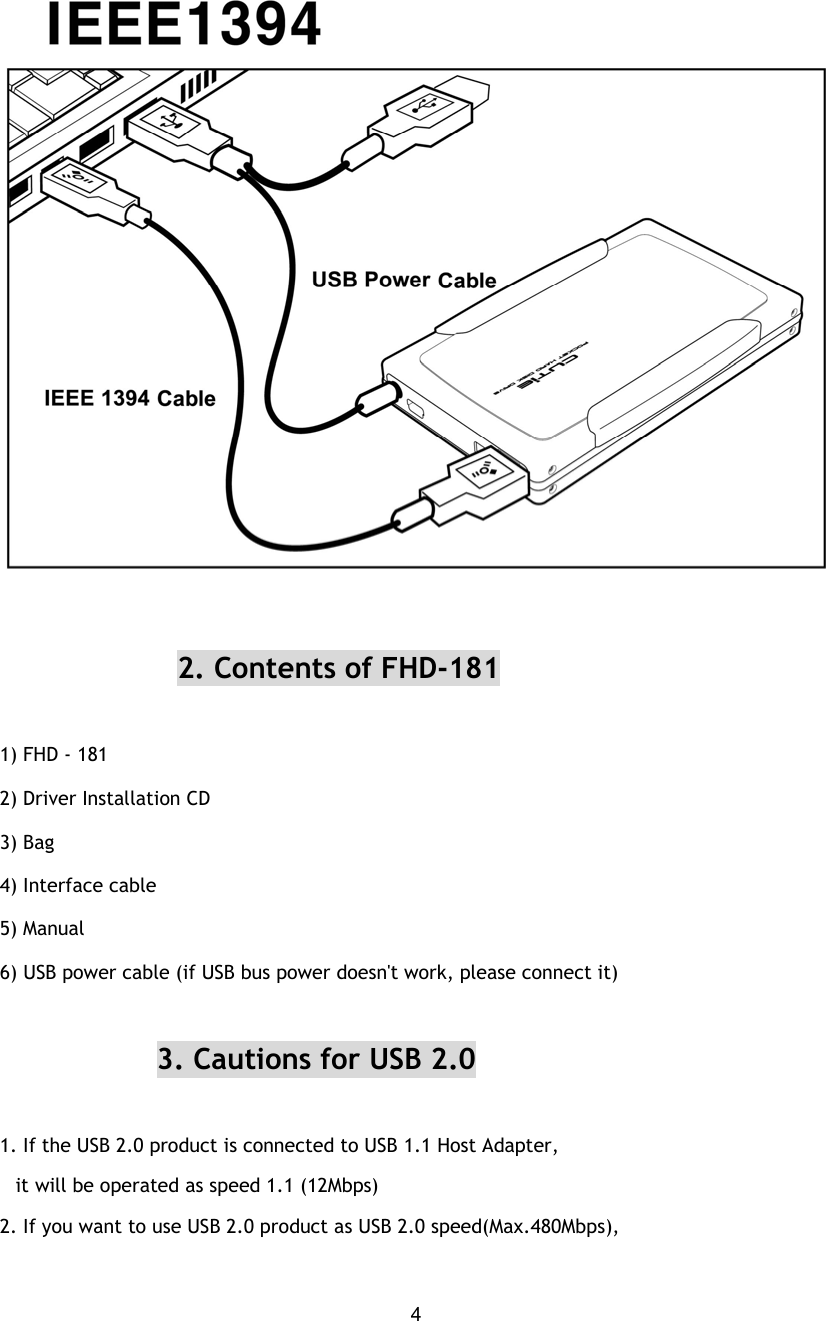  4      2. Contents of FHD-181  1) FHD - 181              2) Driver Installation CD  3) Bag 4) Interface cable 5) Manual 6) USB power cable (if USB bus power doesn&apos;t work, please connect it)      3. Cautions for USB 2.0   1. If the USB 2.0 product is connected to USB 1.1 Host Adapter,    it will be operated as speed 1.1 (12Mbps) 2. If you want to use USB 2.0 product as USB 2.0 speed(Max.480Mbps), 