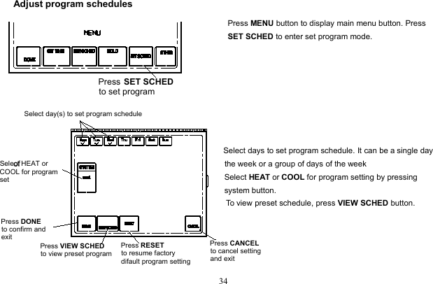 34Adjust program schedulesPress MENU button to display main menu button. PressSET SCHED to enter set program mode.Select days to set program schedule. It can be a single dayof the week or a group of days of the weekSelect HEAT or COOL for program setting by pressingsystem button.To view preset schedule, press VIEW SCHED button.Press SET SCHEDto set programSelect HEAT or COOL for program setPress VIEW SCHED to view preset programPress RESET to resume factorydifault program settingPress CANCELto cancel settingand exitPress DONE to confirm and exitSelect day(s) to set program schedule