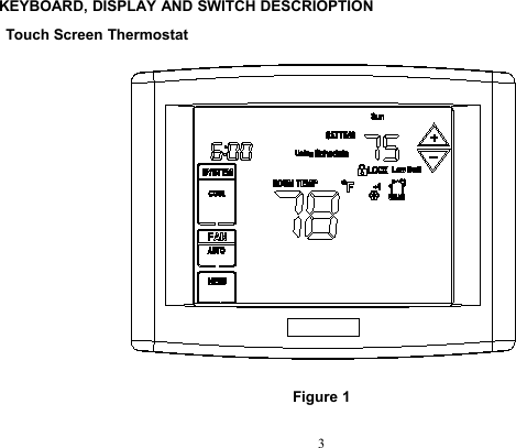 3KEYBOARD, DISPLAY AND SWITCH DESCRIOPTIONTouch Screen ThermostatFigure 1