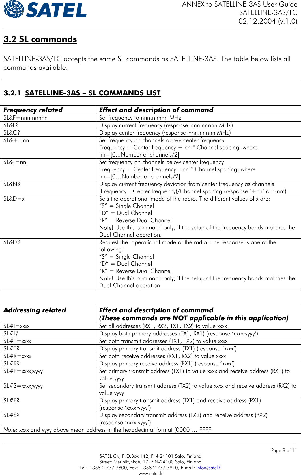 ANNEX to SATELLINE-3AS User Guide SATELLINE-3AS/TC 02.12.2004 (v.1.0)    Page 8 of 11 SATEL Oy, P.O.Box 142, FIN-24101 Salo, Finland Street: Meriniitynkatu 17, FIN-24100 Salo, Finland Tel: +358 2 777 7800, Fax: +358 2 777 7810, E-mail: info@satel.fi www.satel.fi 3.2 SL commands   SATELLINE-3AS/TC accepts the same SL commands as SATELLINE-3AS. The table below lists all commands available.   3.2.1  SATELLINE-3AS – SL COMMANDS LIST  Frequency related  Effect and description of command SL&amp;F=nnn.nnnnn  Set frequency to nnn.nnnnn MHz SL&amp;F?  Display current frequency (response &apos;nnn.nnnnn MHz&apos;) SL&amp;C?  Display center frequency (response &apos;nnn.nnnnn MHz&apos;) SL&amp;+=nn  Set frequency nn channels above center frequency Frequency = Center frequency + nn * Channel spacing, where nn=[0...Number of channels/2] SL&amp;-=nn  Set frequency nn channels below center frequency Frequency = Center frequency – nn * Channel spacing, where nn=[0…Number of channels/2] SL&amp;N?  Display current frequency deviation from center frequency as channels  (Frequency – Center frequency)/Channel spacing (response ‘+nn’ or ‘-nn’) SL&amp;D=x  Sets the operational mode of the radio. The different values of x are: ”S” = Single Channel ”D” = Dual Channel ”R” = Reverse Dual Channel Note! Use this command only, if the setup of the frequency bands matches the Dual Channel operation. SL&amp;D?     Request the  operational mode of the radio. The response is one of the following: ”S” = Single Channel ”D” = Dual Channel ”R” = Reverse Dual Channel Note! Use this command only, if the setup of the frequency bands matches the Dual Channel operation.    Addressing related  Effect and description of command (These commands are NOT applicable in this application) SL#I=xxxx  Set all addresses (RX1, RX2, TX1, TX2) to value xxxx SL#I?  Display both primary addresses (TX1, RX1) (response ’xxxx;yyyy’) SL#T=xxxx  Set both transmit addresses (TX1, TX2) to value xxxx SL#T?  Display primary transmit address (TX1) (response ‘xxxx’) SL#R=xxxx  Set both receive addresses (RX1, RX2) to value xxxx SL#R?  Display primary receive address (RX1) (response ‘xxxx’) SL#P=xxxx;yyyy  Set primary transmit address (TX1) to value xxxx and receive address (RX1) to value yyyy SL#S=xxxx;yyyy  Set secondary transmit address (TX2) to value xxxx and receive address (RX2) to value yyyy  SL#P?  Display primary transmit address (TX1) and receive address (RX1)  (response ‘xxxx;yyyy’) SL#S?  Display secondary transmit address (TX2) and receive address (RX2) (response ‘xxxx;yyyy’) Note: xxxx and yyyy above mean address in the hexadecimal format (0000 … FFFF) 