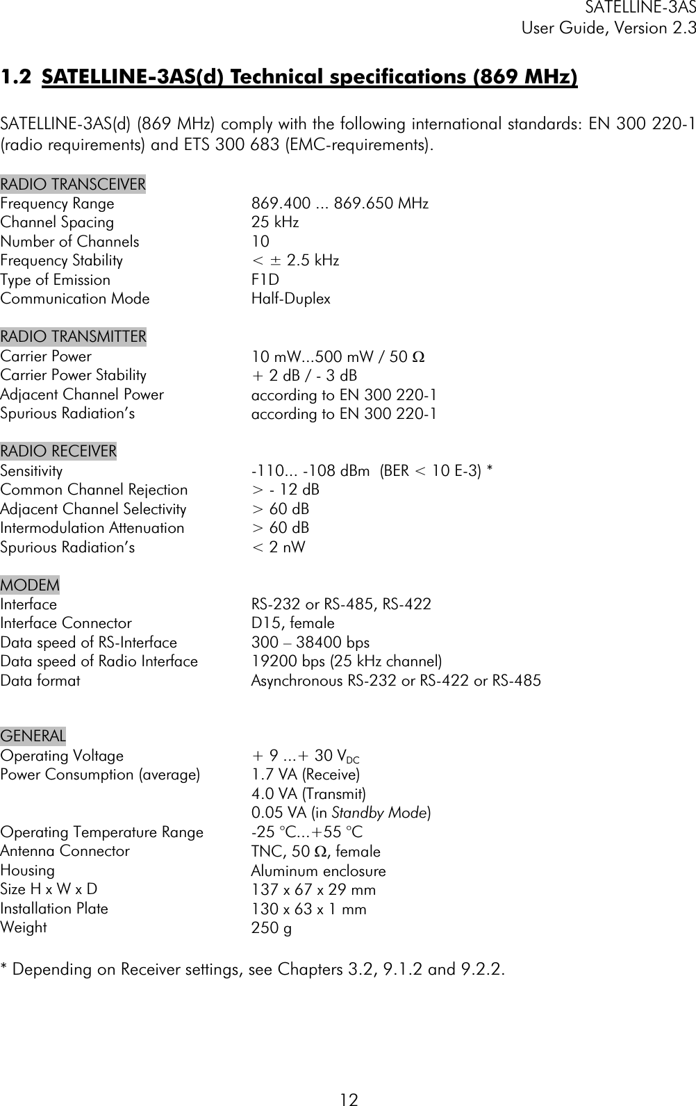 SATELLINE-3AS User Guide, Version 2.3  121.2  SATELLINE-3AS(d) Technical specifications (869 MHz)SATELLINE-3AS(d) (869 MHz) comply with the following international standards: EN 300 220-1 (radio requirements) and ETS 300 683 (EMC-requirements). RADIO TRANSCEIVER Frequency Range Channel Spacing Number of Channels Frequency Stability Type of Emission Communication Mode 869.400 ... 869.650 MHz 25 kHz 10&lt; ± 2.5 kHz F1DHalf-DuplexRADIO TRANSMITTER  Carrier Power Carrier Power Stability Adjacent Channel Power Spurious Radiation’s 10 mW...500 mW / 50 W+ 2 dB / - 3 dB according to EN 300 220-1 according to EN 300 220-1 RADIO RECEIVER  SensitivityCommon Channel Rejection Adjacent Channel Selectivity Intermodulation Attenuation Spurious Radiation’s -110... -108 dBm  (BER &lt; 10 E-3) * &gt; - 12 dB &gt; 60 dB  &gt; 60 dB &lt; 2 nW MODEM Interface Interface Connector Data speed of RS-Interface Data speed of Radio Interface Data format RS-232 or RS-485, RS-422  D15, female 300 – 38400 bps 19200 bps (25 kHz channel) Asynchronous RS-232 or RS-422 or RS-485 GENERAL Operating Voltage Power Consumption (average) Operating Temperature Range Antenna Connector HousingSize H x W x D Installation Plate Weight + 9 ...+ 30 VDC1.7 VA (Receive) 4.0 VA (Transmit) 0.05 VA (in Standby Mode)-25 °C...+55 °C TNC, 50 W, female  Aluminum enclosure 137 x 67 x 29 mm 130 x 63 x 1 mm 250 g * Depending on Receiver settings, see Chapters 3.2, 9.1.2 and 9.2.2. 