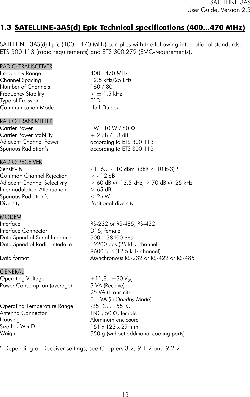 SATELLINE-3AS User Guide, Version 2.3  131.3  SATELLINE-3AS(d) Epic Technical specifications (400...470 MHz)SATELLINE-3AS(d) Epic (400…470 MHz) complies with the following international standards: ETS 300 113 (radio requirements) and ETS 300 279 (EMC-requirements). RADIO TRANSCEIVER Frequency Range Channel Spacing Number of Channels Frequency Stability Type of Emission Communication Mode 400...470 MHz 12.5 kHz/25 kHz 160 / 80 &lt; ± 1.5 kHz F1DHalf-DuplexRADIO TRANSMITTER  Carrier Power Carrier Power Stability Adjacent Channel Power Spurious Radiation’s 1W...10 W / 50 W+ 2 dB / - 3 dB according to ETS 300 113 according to ETS 300 113 RADIO RECEIVER  SensitivityCommon Channel Rejection Adjacent Channel Selectivity Intermodulation Attenuation Spurious Radiation’s Diversity- 116... -110 dBm  (BER &lt; 10 E-3) * &gt; - 12 dB &gt; 60 dB @ 12.5 kHz, &gt; 70 dB @ 25 kHz &gt; 65 dB &lt; 2 nW Positional diversity MODEM Interface Interface Connector Data Speed of Serial Interface Data Speed of Radio Interface Data format RS-232 or RS-485, RS-422  D15, female 300 – 38400 bps 19200 bps (25 kHz channel) 9600 bps (12.5 kHz channel) Asynchronous RS-232 or RS-422 or RS-485 GENERAL Operating Voltage Power Consumption (average) Operating Temperature Range Antenna Connector HousingSize H x W x D Weight +11,8...+30 VDC3 VA (Receive) 25 VA (Transmit) 0.1 VA (in Standby Mode)-25 °C...+55 °C TNC, 50 W, female  Aluminum enclosure  151 x 123 x 29 mm 550 g (without additional cooling parts) * Depending on Receiver settings, see Chapters 3.2, 9.1.2 and 9.2.2. 