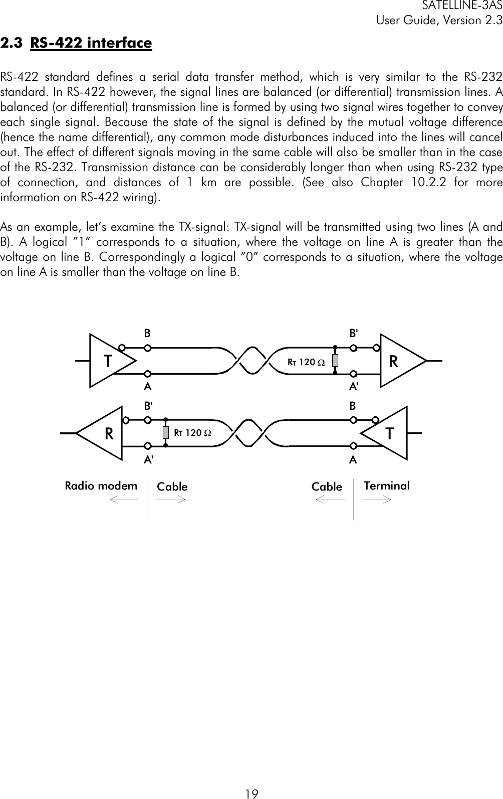 SATELLINE-3AS User Guide, Version 2.3  192.3 RS-422 interfaceRS-422 standard defines a serial data transfer method, which is very similar to the RS-232 standard. In RS-422 however, the signal lines are balanced (or differential) transmission lines. A balanced (or differential) transmission line is formed by using two signal wires together to convey each single signal. Because the state of the signal is defined by the mutual voltage difference (hence the name differential), any common mode disturbances induced into the lines will cancel out. The effect of different signals moving in the same cable will also be smaller than in the case of the RS-232. Transmission distance can be considerably longer than when using RS-232 type of connection, and distances of 1 km are possible. (See also Chapter 10.2.2 for more information on RS-422 wiring). As an example, let’s examine the TX-signal: TX-signal will be transmitted using two lines (A and B). A logical ”1” corresponds to a situation, where the voltage on line A is greater than the voltage on line B. Correspondingly a logical ”0” corresponds to a situation, where the voltage on line A is smaller than the voltage on line B.  RT120 WRTRT120 WRTBB&apos;AA&apos;B&apos; BA&apos; ARadio modem Cable TerminalCable