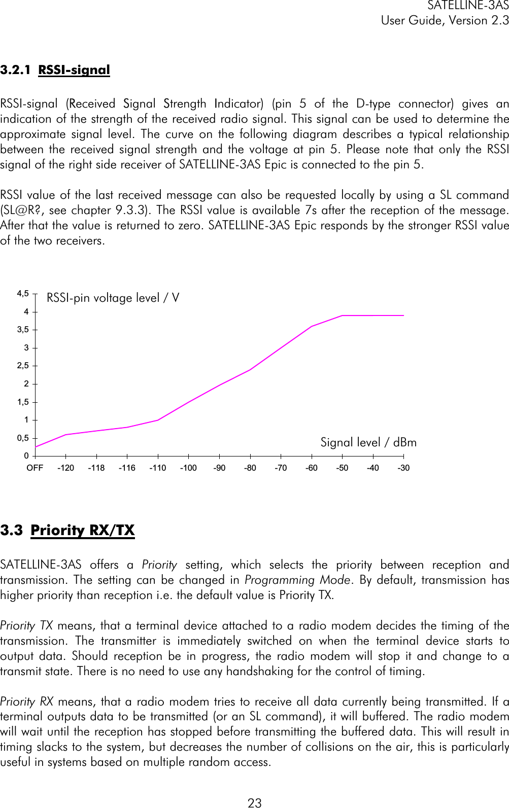 SATELLINE-3AS User Guide, Version 2.3  233.2.1 RSSI-signal RSSI-signal (RReceived SSignal SStrength IIndicator) (pin 5 of the D-type connector) gives an indication of the strength of the received radio signal. This signal can be used to determine the approximate signal level. The curve on the following diagram describes a typical relationship between the received signal strength and the voltage at pin 5. Please note that only the RSSI signal of the right side receiver of SATELLINE-3AS Epic is connected to the pin 5. RSSI value of the last received message can also be requested locally by using a SL command (SL@R?, see chapter 9.3.3). The RSSI value is available 7s after the reception of the message. After that the value is returned to zero. SATELLINE-3AS Epic responds by the stronger RSSI value of the two receivers. 00,511,522,533,544,5OFF -120 -118 -116 -110 -100 -90 -80 -70 -60 -50 -40 -303.3 Priority RX/TXSATELLINE-3AS offers a Priority setting, which selects the priority between reception and transmission. The setting can be changed in Programming Mode. By default, transmission has higher priority than reception i.e. the default value is Priority TX.Priority TX means, that a terminal device attached to a radio modem decides the timing of the transmission. The transmitter is immediately switched on when the terminal device starts to output data. Should reception be in progress, the radio modem will stop it and change to a transmit state. There is no need to use any handshaking for the control of timing.  Priority RX means, that a radio modem tries to receive all data currently being transmitted. If a terminal outputs data to be transmitted (or an SL command), it will buffered. The radio modem will wait until the reception has stopped before transmitting the buffered data. This will result in timing slacks to the system, but decreases the number of collisions on the air, this is particularly useful in systems based on multiple random access. RSSI-pin voltage level / VSignal level / dBm 