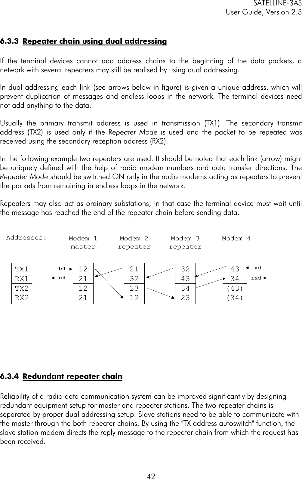 SATELLINE-3AS User Guide, Version 2.3  426.3.3  Repeater chain using dual addressingIf the terminal devices cannot add address chains to the beginning of the data packets, a network with several repeaters may still be realised by using dual addressing. In dual addressing each link (see arrows below in figure) is given a unique address, which will prevent duplication of messages and endless loops in the network. The terminal devices need not add anything to the data. Usually the primary transmit address is used in transmission (TX1). The secondary transmit address (TX2) is used only if the Repeater Mode is used and the packet to be repeated was received using the secondary reception address (RX2). In the following example two repeaters are used. It should be noted that each link (arrow) might be uniquely defined with the help of radio modem numbers and data transfer directions. The Repeater Mode should be switched ON only in the radio modems acting as repeaters to prevent the packets from remaining in endless loops in the network.  Repeaters may also act as ordinary substations; in that case the terminal device must wait until the message has reached the end of the repeater chain before sending data. 6.3.4  Redundant repeater chainReliability of a radio data communication system can be improved significantly by designing redundant equipment setup for master and repeater stations. The two repeater chains is separated by proper dual addressing setup. Slave stations need to be able to communicate with the master through the both repeater chains. By using the &quot;TX address autoswitch&quot; function, the slave station modem directs the reply message to the repeater chain from which the request has been received. 1221122121322312324334234334(43)(34)rxdtxdrxdtxdModem 1masterModem 2repeaterModem 3repeaterModem 4TX1RX1TX2RX2Addresses: