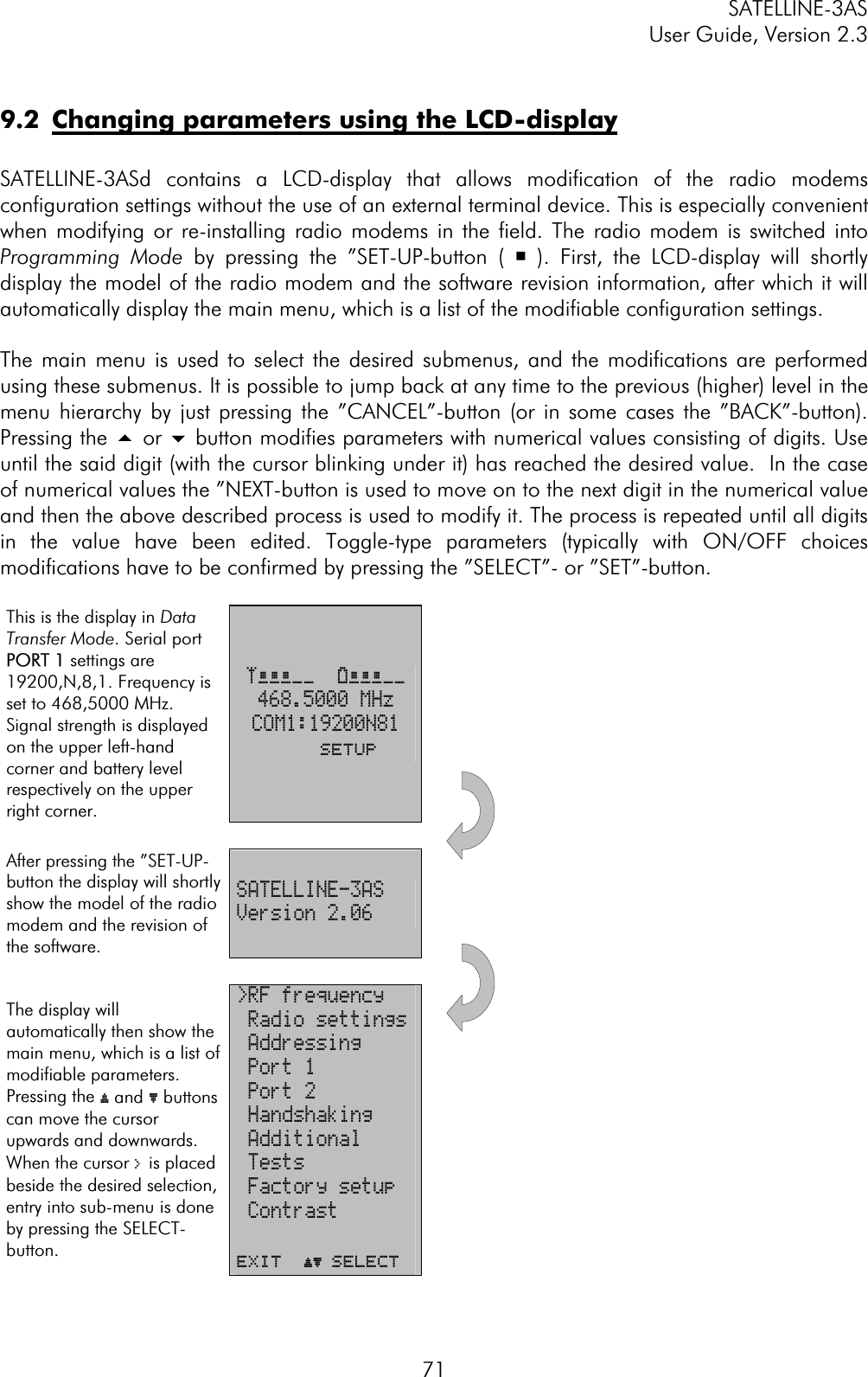 SATELLINE-3AS User Guide, Version 2.3  719.2  Changing parameters using the LCD-displaySATELLINE-3ASd contains a LCD-display that allows modification of the radio modems configuration settings without the use of an external terminal device. This is especially convenient when modifying or re-installing radio modems in the field. The radio modem is switched into Programming Mode by pressing the ”SET-UP-button ( ¡ ). First, the LCD-display will shortly display the model of the radio modem and the software revision information, after which it will automatically display the main menu, which is a list of the modifiable configuration settings.  The main menu is used to select the desired submenus, and the modifications are performed using these submenus. It is possible to jump back at any time to the previous (higher) level in the menu hierarchy by just pressing the ”CANCEL”-button (or in some cases the ”BACK”-button). Pressing the 5or 6button modifies parameters with numerical values consisting of digits. Use until the said digit (with the cursor blinking under it) has reached the desired value.  In the case of numerical values the ”NEXT-button is used to move on to the next digit in the numerical value and then the above described process is used to modify it. The process is repeated until all digits in the value have been edited. Toggle-type parameters (typically with ON/OFF choices modifications have to be confirmed by pressing the ”SELECT”- or ”SET”-button.  This is the display in Data Transfer Mode. Serial port PORT 1 settings are 19200,N,8,1. Frequency is set to 468,5000 MHz. Signal strength is displayed on the upper left-hand corner and battery level respectively on the upper right corner. öÄÄÄÖÖ  äÄÄÄÖÖ468.5000 MHz COM1:19200N81SetupAfter pressing the ”SET-UP-button the display will shortly show the model of the radio modem and the revision of the software. SATELLINE-3AS Version 2.06The display will automatically then show the main menu, which is a list of modifiable parameters. Pressing the ý and þ buttons can move the cursor upwards and downwards. When the cursor &gt; is placed beside the desired selection, entry into sub-menu is done by pressing the SELECT- button. &gt;RF frequency  Radio settings Addressing  Port 1  Port 2  Handshaking  Additional  Tests  Factory setup  Contrast EXIT  ýþ SELECT