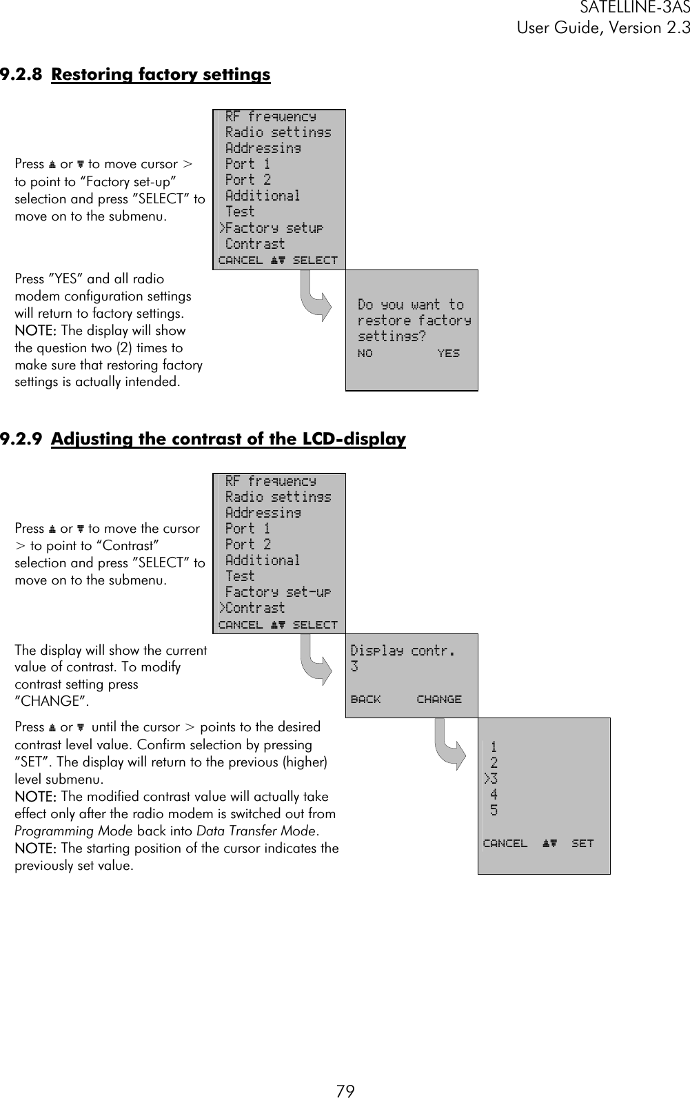 SATELLINE-3AS User Guide, Version 2.3  799.2.8  Restoring factory settingsPress ý or þ to move cursor &gt; to point to “Factory set-up” selection and press ”SELECT” to move on to the submenu.  RF frequency  Radio settings  Addressing  Port 1  Port 2  Additional  Test &gt;Factory setup  ContrastCANCEL ýþ SelectPress ”YES” and all radio modem configuration settings will return to factory settings. NOTE: The display will show the question two (2) times to make sure that restoring factory settings is actually intended.   Do you want to  restore factory  settings?  NO         YES9.2.9  Adjusting the contrast of the LCD-displayPress ý or þ to move the cursor &gt; to point to “Contrast” selection and press ”SELECT” to move on to the submenu.  RF frequency  Radio settings  Addressing  Port 1  Port 2  Additional  Test  Factory set-up &gt;ContrastCANCEL ýþ SelectThe display will show the current value of contrast. To modify contrast setting press ”CHANGE”.  Display contr. 3BACK     ChangePress ý or þuntil the cursor &gt; points to the desired contrast level value. Confirm selection by pressing ”SET”. The display will return to the previous (higher) level submenu.  NOTE: The modified contrast value will actually take effect only after the radio modem is switched out from Programming Mode back into Data Transfer Mode.NOTE: The starting position of the cursor indicates the previously set value.  1  2 &gt;3 4  5 CANCEL  ýþ  SET