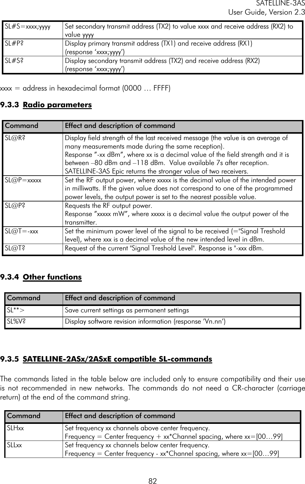 SATELLINE-3AS User Guide, Version 2.3  82SL#S=xxxx;yyyy  Set secondary transmit address (TX2) to value xxxx and receive address (RX2) to value yyyy  SL#P?  Display primary transmit address (TX1) and receive address (RX1)  (response ‘xxxx;yyyy’) SL#S?  Display secondary transmit address (TX2) and receive address (RX2) (response ‘xxxx;yyyy’) xxxx = address in hexadecimal format (0000 … FFFF) 9.3.3 Radio parametersCommand   Effect and description of command SL@R?  Display field strength of the last received message (the value is an average of many measurements made during the same reception).  Response ”-xx dBm”, where xx is a decimal value of the field strength and it is between –80 dBm and –118 dBm.  Value available 7s after reception. SATELLINE-3AS Epic returns the stronger value of two receivers. SL@P=xxxxx  Set the RF output power, where xxxxx is the decimal value of the intended power in milliwatts. If the given value does not correspond to one of the programmed power levels, the output power is set to the nearest possible value.  SL@P?  Requests the RF output power. Response ”xxxxx mW”, where xxxxx is a decimal value the output power of the transmitter. SL@T=-xxx  Set the minimum power level of the signal to be received (=&quot;Signal Treshold level), where xxx is a decimal value of the new intended level in dBm. SL@T?  Request of the current &quot;Signal Treshold Level&quot;. Response is &quot;-xxx dBm. 9.3.4 Other functionsCommand  Effect and description of command SL**&gt;  Save current settings as permanent settings SL%V?  Display software revision information (response ’Vn.nn’) 9.3.5 SATELLINE-2ASx/2ASxE compatible SL-commandsThe commands listed in the table below are included only to ensure compatibility and their use is not recommended in new networks. The commands do not need a CR-character (carriage return) at the end of the command string. Command  Effect and description of command SLHxx  Set frequency xx channels above center frequency. Frequency = Center frequency + xx*Channel spacing, where xx=[00…99] SLLxx  Set frequency xx channels below center frequency. Frequency = Center frequency - xx*Channel spacing, where xx=[00…99] 