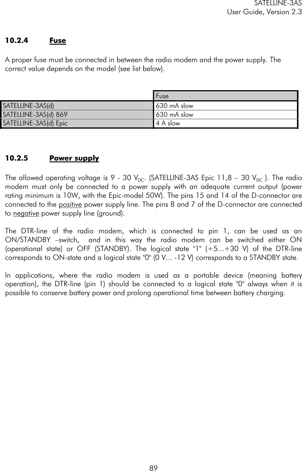 SATELLINE-3AS User Guide, Version 2.3  8910.2.4 FuseA proper fuse must be connected in between the radio modem and the power supply. The correct value depends on the model (see list below). FuseSATELLINE-3AS(d)   630 mA slow  SATELLINE-3AS(d) 869  630 mA slow SATELLINE-3AS(d) Epic  4 A slow 10.2.5 Power supplyThe allowed operating voltage is 9 - 30 VDC. (SATELLINE-3AS Epic 11,8 – 30 VDC ). The radio modem must only be connected to a power supply with an adequate current output (power rating minimum is 10W, with the Epic-model 50W). The pins 15 and 14 of the D-connector are connected to the positive power supply line. The pins 8 and 7 of the D-connector are connected to negative power supply line (ground). The DTR-line of the radio modem, which is connected to pin 1, can be used as an ON/STANDBY –switch,  and in this way the radio modem can be switched either ON (operational state) or OFF (STANDBY). The logical state &quot;1&quot; (+5...+30 V) of the DTR-line corresponds to ON-state and a logical state &quot;0&quot; (0 V... -12 V) corresponds to a STANDBY state. In applications, where the radio modem is used as a portable device (meaning battery operation), the DTR-line (pin 1) should be connected to a logical state &quot;0&quot; always when it is possible to conserve battery power and prolong operational time between battery charging.  