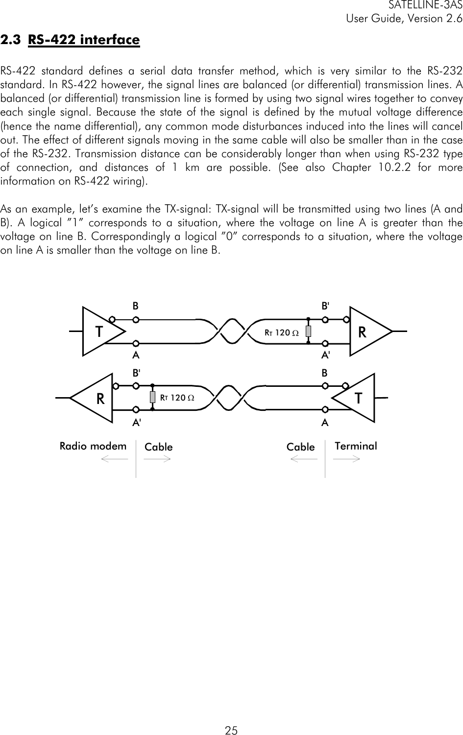 SATELLINE-3AS User Guide, Version 2.6   252.3 RS-422 interface  RS-422 standard defines a serial data transfer method, which is very similar to the RS-232 standard. In RS-422 however, the signal lines are balanced (or differential) transmission lines. A balanced (or differential) transmission line is formed by using two signal wires together to convey each single signal. Because the state of the signal is defined by the mutual voltage difference (hence the name differential), any common mode disturbances induced into the lines will cancel out. The effect of different signals moving in the same cable will also be smaller than in the case of the RS-232. Transmission distance can be considerably longer than when using RS-232 type of connection, and distances of 1 km are possible. (See also Chapter 10.2.2 for more information on RS-422 wiring).  As an example, let’s examine the TX-signal: TX-signal will be transmitted using two lines (A and B). A logical ”1” corresponds to a situation, where the voltage on line A is greater than the voltage on line B. Correspondingly a logical ”0” corresponds to a situation, where the voltage on line A is smaller than the voltage on line B.  RT  120 ΩRTRT  120 ΩRTBB&apos;AA&apos;B&apos; BA&apos; ARadio modem Cable TerminalCable