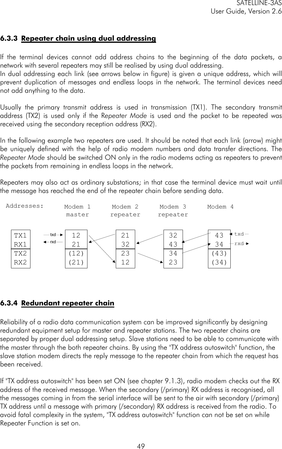 SATELLINE-3AS User Guide, Version 2.6   49 6.3.3 Repeater chain using dual addressing  If the terminal devices cannot add address chains to the beginning of the data packets, a network with several repeaters may still be realised by using dual addressing. In dual addressing each link (see arrows below in figure) is given a unique address, which will prevent duplication of messages and endless loops in the network. The terminal devices need not add anything to the data.  Usually the primary transmit address is used in transmission (TX1). The secondary transmit address (TX2) is used only if the Repeater Mode is used and the packet to be repeated was received using the secondary reception address (RX2).  In the following example two repeaters are used. It should be noted that each link (arrow) might be uniquely defined with the help of radio modem numbers and data transfer directions. The Repeater Mode should be switched ON only in the radio modems acting as repeaters to prevent the packets from remaining in endless loops in the network.   Repeaters may also act as ordinary substations; in that case the terminal device must wait until the message has reached the end of the repeater chain before sending data.             6.3.4 Redundant repeater chain  Reliability of a radio data communication system can be improved significantly by designing redundant equipment setup for master and repeater stations. The two repeater chains are separated by proper dual addressing setup. Slave stations need to be able to communicate with the master through the both repeater chains. By using the &quot;TX address autoswitch&quot; function, the slave station modem directs the reply message to the repeater chain from which the request has been received.  If &quot;TX address autoswitch&quot; has been set ON (see chapter 9.1.3), radio modem checks out the RX address of the received message. When the secondary (/primary) RX address is recognised, all the messages coming in from the serial interface will be sent to the air with secondary (/primary) TX address until a message with primary (/secondary) RX address is received from the radio. To avoid fatal complexity in the system, &quot;TX address autoswitch&quot; function can not be set on while Repeater Function is set on. 1221(12)(21)21322312324334234334(43)(34)rxdtxdrxdtxdModem 1masterModem 2repeaterModem 3repeaterModem 4TX1RX1TX2RX2Addresses: 