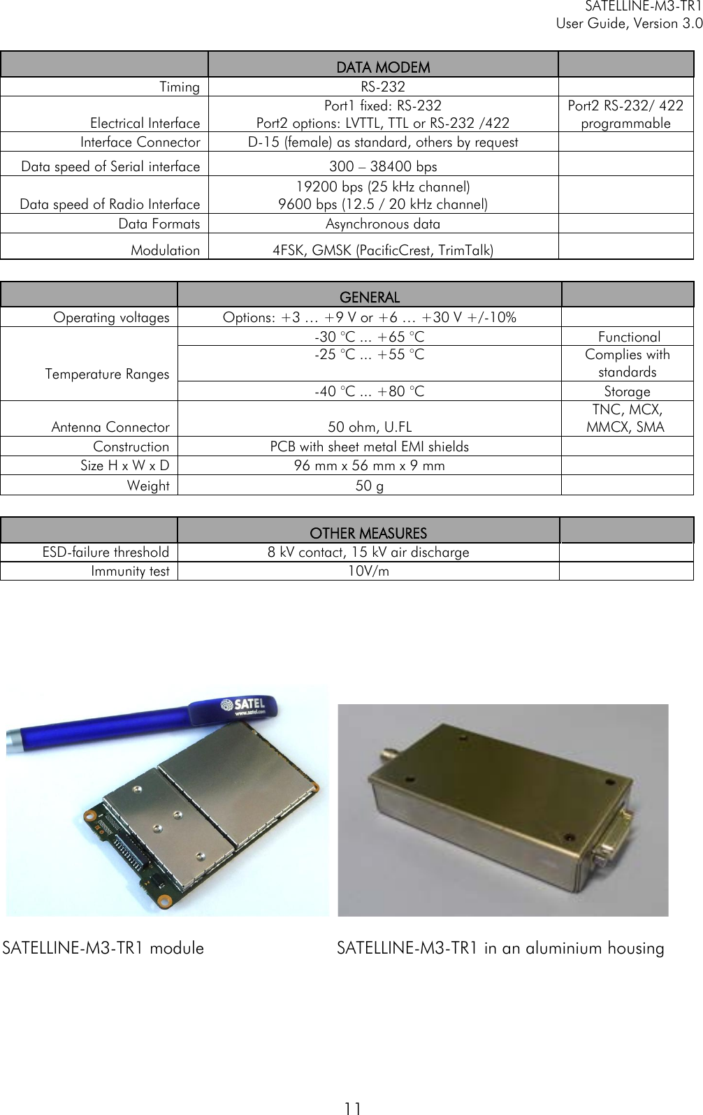     SATELLINE-M3-TR1     User Guide, Version 3.0  11    DATA MODEM    Timing RS-232  Electrical Interface             Port1 fixed: RS-232 Port2 options: LVTTL, TTL or RS-232 /422 Port2 RS-232/ 422 programmable Interface Connector  D-15 (female) as standard, others by request   Data speed of Serial interface 300 – 38400 bps    Data speed of Radio Interface 19200 bps (25 kHz channel)  9600 bps (12.5 / 20 kHz channel)    Data Formats  Asynchronous data   Modulation  4FSK, GMSK (PacificCrest, TrimTalk)    GENERAL   Operating voltages Options: +3 … +9 V or +6 … +30 V +/-10%  Temperature Ranges  -30 °C ... +65 °C  Functional -25 °C ... +55 °C  Complies with standards -40 °C ... +80 °C Storage Antenna Connector 50 ohm, U.FL  TNC, MCX, MMCX, SMA  Construction PCB with sheet metal EMI shields    Size H x W x D 96 mm x 56 mm x 9 mm   Weight 50 g       OTHER MEASURES   ESD-failure threshold 8 kV contact, 15 kV air discharge   Immunity test 10V/m           SATELLINE-M3-TR1 module       SATELLINE-M3-TR1 in an aluminium housing 
