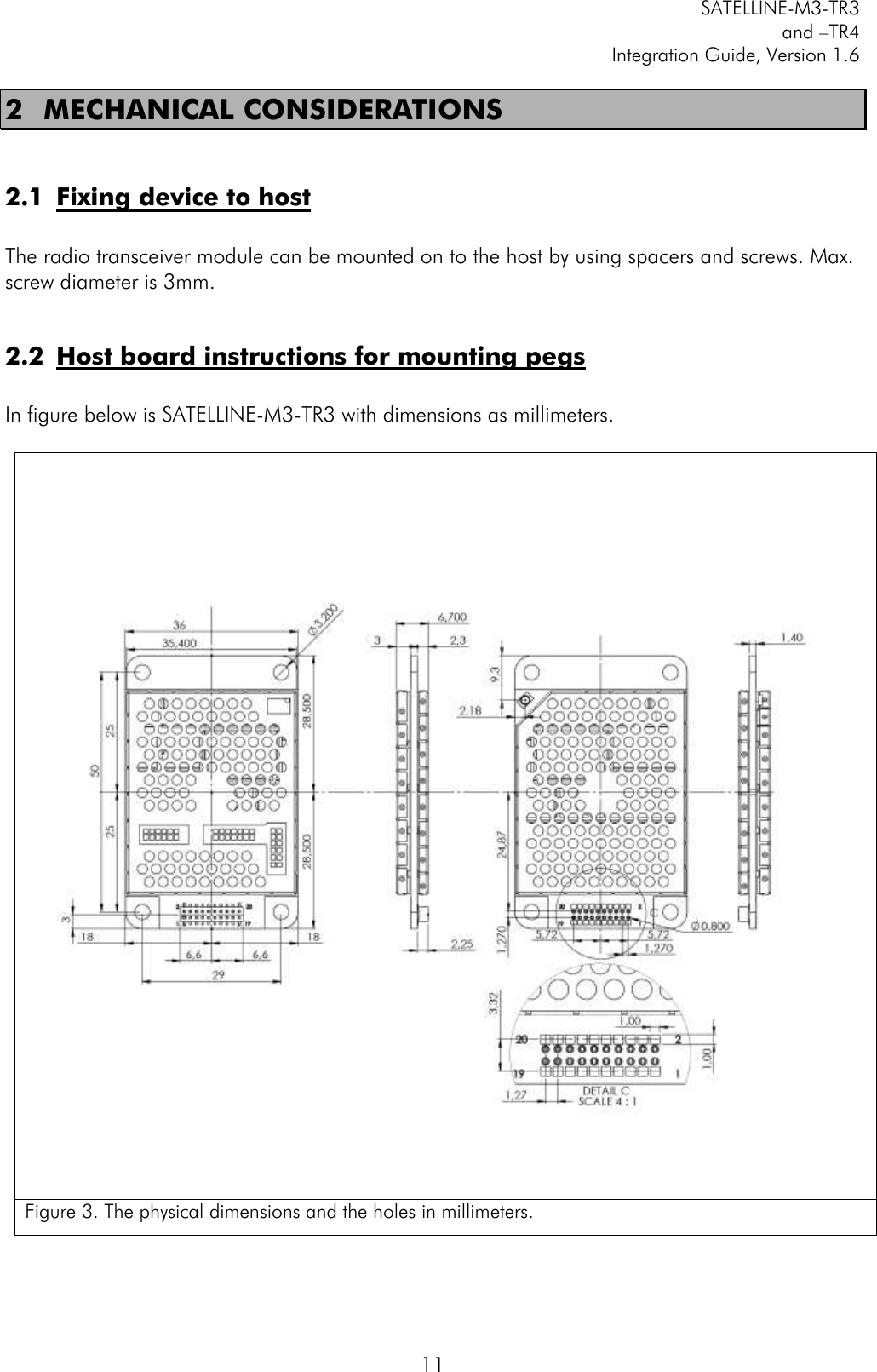         SATELLINE-M3-TR3 and –TR4 Integration Guide, Version 1.6  11 2 MECHANICAL CONSIDERATIONS  2.1 Fixing device to host  The radio transceiver module can be mounted on to the host by using spacers and screws. Max. screw diameter is 3mm.  2.2 Host board instructions for mounting pegs  In figure below is SATELLINE-M3-TR3 with dimensions as millimeters.        Figure 3. The physical dimensions and the holes in millimeters.    