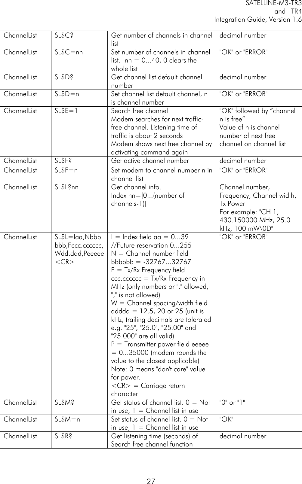         SATELLINE-M3-TR3 and –TR4 Integration Guide, Version 1.6  27 ChannelList SL$C? Get number of channels in channel list decimal number ChannelList SL$C=nn Set number of channels in channel list.  nn = 0...40, 0 clears the whole list &quot;OK&quot; or &quot;ERROR&quot; ChannelList SL$D? Get channel list default channel number decimal number ChannelList SL$D=n Set channel list default channel, n is channel number &quot;OK&quot; or &quot;ERROR&quot; ChannelList SL$E=1 Search free channel Modem searches for next traffic-free channel. Listening time of traffic is about 2 seconds Modem shows next free channel by activating command again &quot;OK&quot; followed by “channel n is free” Value of n is channel number of next free channel on channel list ChannelList SL$F? Get active channel number decimal number ChannelList SL$F=n Set modem to channel number n in channel list &quot;OK&quot; or &quot;ERROR&quot; ChannelList SL$L?nn Get channel info. Index nn=[0...(number of channels-1)] Channel number, Frequency, Channel width, Tx Power For example: &quot;CH 1, 430.150000 MHz, 25.0 kHz, 100 mW\0D&quot; ChannelList SL$L=Iaa,Nbbbbbb,Fccc.cccccc,Wdd.ddd,Peeeee&lt;CR&gt; I = Index field aa = 0...39 //Future reservation 0...255 N = Channel number field bbbbbb = -32767...32767 F = Tx/Rx Frequency field ccc.cccccc = Tx/Rx Frequency in MHz (only numbers or &quot;.&quot; allowed, &quot;,&quot; is not allowed) W = Channel spacing/width field ddddd = 12.5, 20 or 25 (unit is kHz, trailing decimals are tolerated e.g. &quot;25&quot;, &quot;25.0&quot;, &quot;25.00&quot; and &quot;25.000&quot; are all valid) P = Transmitter power field eeeee = 0...35000 (modem rounds the value to the closest applicable) Note: 0 means &quot;don&apos;t care&quot; value for power. &lt;CR&gt; = Carriage return character &quot;OK&quot; or &quot;ERROR&quot; ChannelList SL$M? Get status of channel list. 0 = Not in use, 1 = Channel list in use &quot;0&quot; or &quot;1&quot; ChannelList SL$M=n Set status of channel list. 0 = Not in use, 1 = Channel list in use &quot;OK&quot; ChannelList SL$R? Get listening time (seconds) of Search free channel function decimal number 