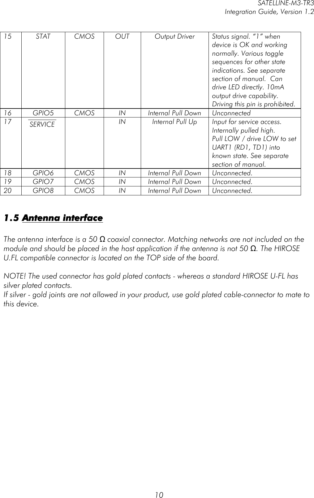         SATELLINE-M3-TR3 Integration Guide, Version 1.2  10  1.5 Antenna interface  The antenna interface is a 50 Ω coaxial connector. Matching networks are not included on the module and should be placed in the host application if the antenna is not 50 Ω. The HIROSE U.FL compatible connector is located on the TOP side of the board.   NOTE! The used connector has gold plated contacts - whereas a standard HIROSE U-FL has silver plated contacts.  If silver - gold joints are not allowed in your product, use gold plated cable-connector to mate to this device. 15 STAT CMOS OUT Output Driver Status signal. “1” when device is OK and working normally. Various toggle sequences for other state indications. See separate section of manual.  Can drive LED directly. 10mA output drive capability. Driving this pin is prohibited. 16 GPIO5 CMOS IN Internal Pull Down Unconnected  17 SERVICE    IN Internal Pull Up Input for service access. Internally pulled high.  Pull LOW / drive LOW to set UART1 (RD1, TD1) into known state. See separate section of manual.   18 GPIO6 CMOS IN Internal Pull Down Unconnected.  19 GPIO7 CMOS IN Internal Pull Down Unconnected. 20 GPIO8 CMOS IN Internal Pull Down Unconnected. 