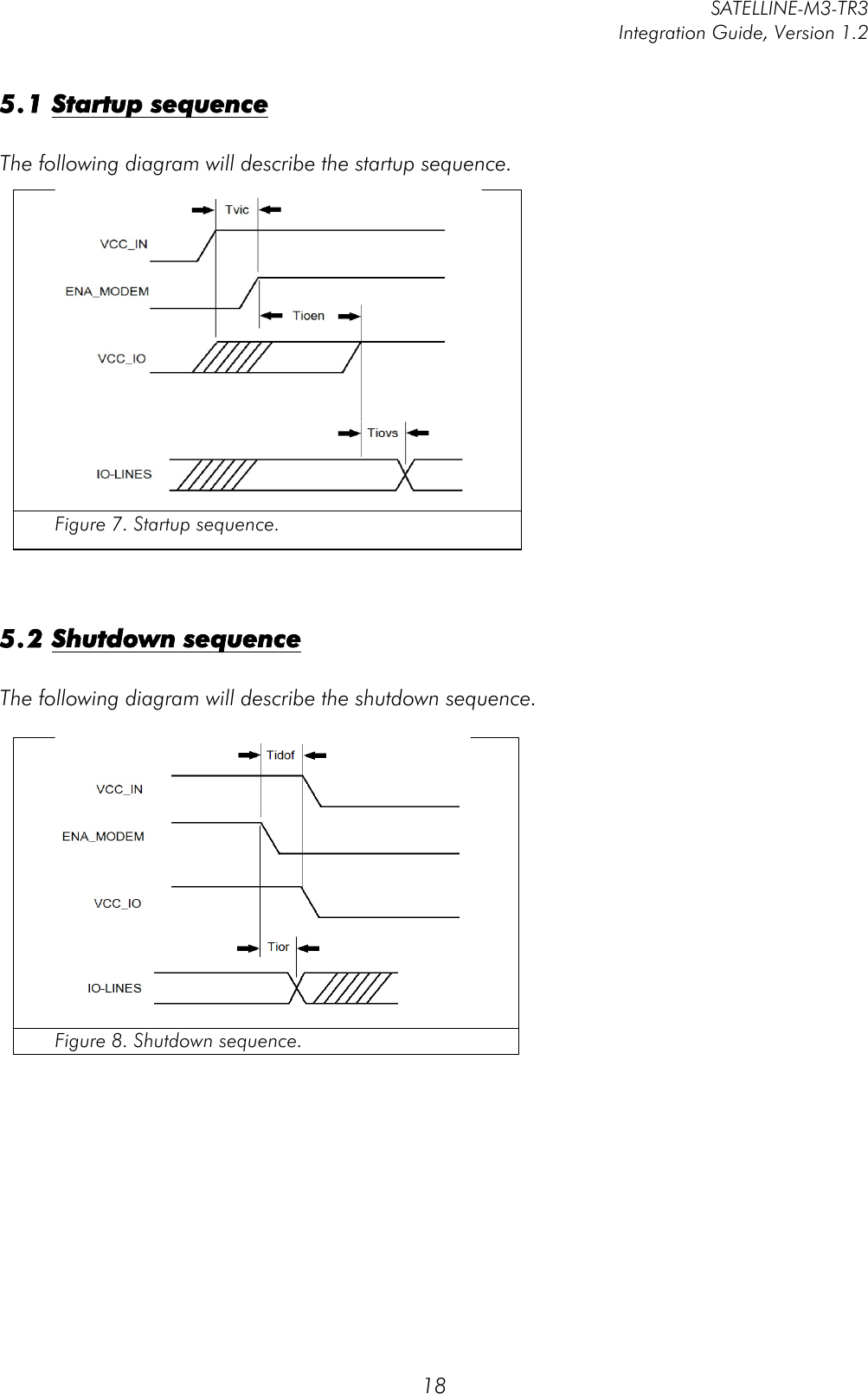         SATELLINE-M3-TR3 Integration Guide, Version 1.2  18 5.1 Startup sequence   The following diagram will describe the startup sequence.   Figure 7. Startup sequence.    5.2 Shutdown sequence  The following diagram will describe the shutdown sequence.   Figure 8. Shutdown sequence.     