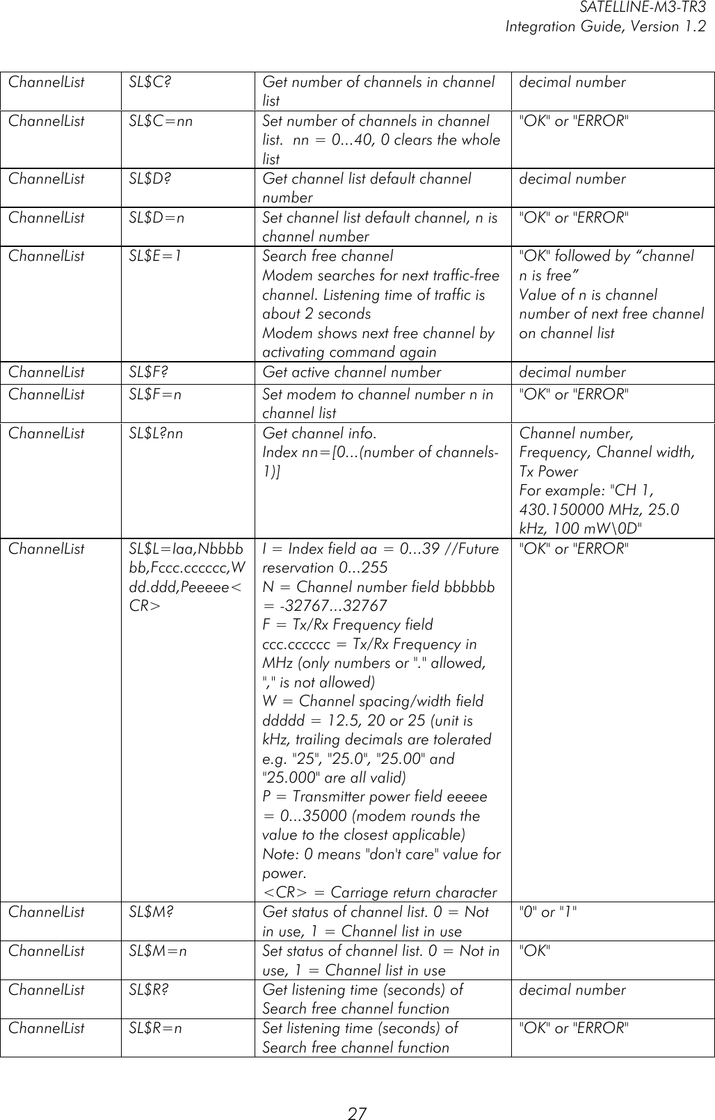         SATELLINE-M3-TR3 Integration Guide, Version 1.2  27 ChannelList SL$C? Get number of channels in channel list decimal number ChannelList SL$C=nn Set number of channels in channel list.  nn = 0...40, 0 clears the whole list &quot;OK&quot; or &quot;ERROR&quot; ChannelList SL$D? Get channel list default channel number decimal number ChannelList SL$D=n Set channel list default channel, n is channel number &quot;OK&quot; or &quot;ERROR&quot; ChannelList SL$E=1 Search free channel Modem searches for next traffic-free channel. Listening time of traffic is about 2 seconds Modem shows next free channel by activating command again &quot;OK&quot; followed by “channel n is free” Value of n is channel number of next free channel on channel list ChannelList SL$F? Get active channel number decimal number ChannelList SL$F=n Set modem to channel number n in channel list &quot;OK&quot; or &quot;ERROR&quot; ChannelList SL$L?nn Get channel info. Index nn=[0...(number of channels-1)] Channel number, Frequency, Channel width, Tx Power For example: &quot;CH 1, 430.150000 MHz, 25.0 kHz, 100 mW\0D&quot; ChannelList SL$L=Iaa,Nbbbbbb,Fccc.cccccc,Wdd.ddd,Peeeee&lt;CR&gt; I = Index field aa = 0...39 //Future reservation 0...255 N = Channel number field bbbbbb = -32767...32767 F = Tx/Rx Frequency field ccc.cccccc = Tx/Rx Frequency in MHz (only numbers or &quot;.&quot; allowed, &quot;,&quot; is not allowed) W = Channel spacing/width field ddddd = 12.5, 20 or 25 (unit is kHz, trailing decimals are tolerated e.g. &quot;25&quot;, &quot;25.0&quot;, &quot;25.00&quot; and &quot;25.000&quot; are all valid) P = Transmitter power field eeeee = 0...35000 (modem rounds the value to the closest applicable) Note: 0 means &quot;don&apos;t care&quot; value for power. &lt;CR&gt; = Carriage return character &quot;OK&quot; or &quot;ERROR&quot; ChannelList SL$M? Get status of channel list. 0 = Not in use, 1 = Channel list in use &quot;0&quot; or &quot;1&quot; ChannelList SL$M=n Set status of channel list. 0 = Not in use, 1 = Channel list in use &quot;OK&quot; ChannelList SL$R? Get listening time (seconds) of Search free channel function decimal number ChannelList SL$R=n Set listening time (seconds) of Search free channel function &quot;OK&quot; or &quot;ERROR&quot; 