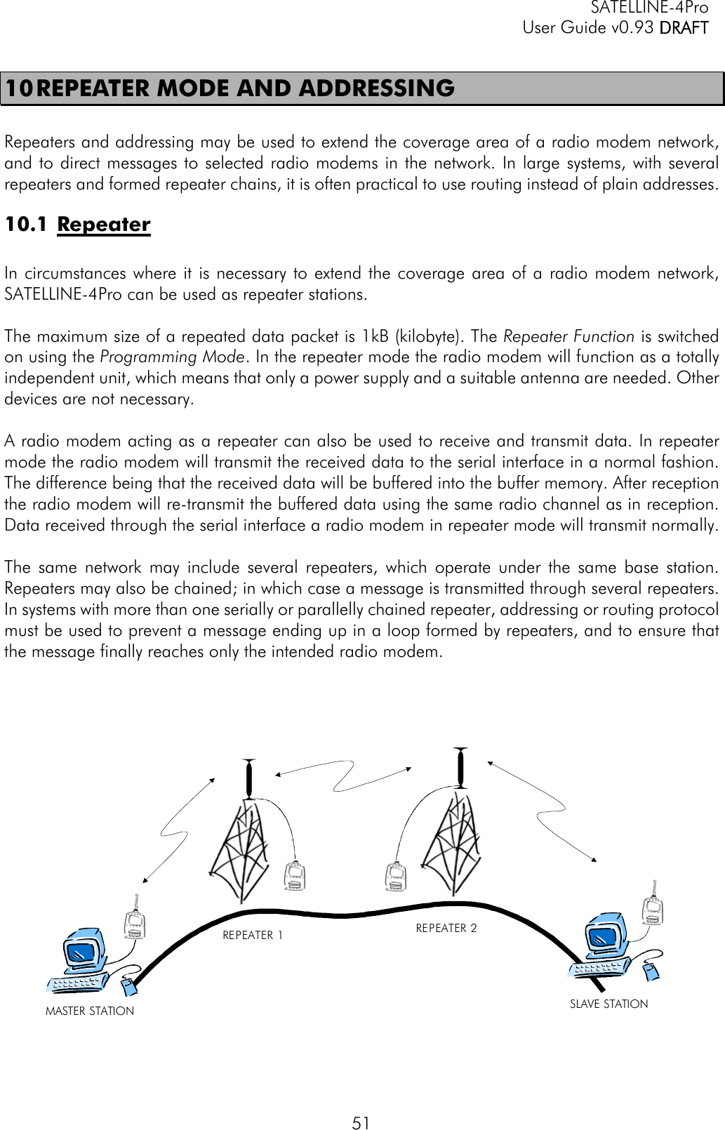   SATELLINE-4Pro   User Guide v0.93 DRAFT 51 10 REPEATER MODE AND ADDRESSING  Repeaters and addressing may be used to extend the coverage area of a radio modem network, and to direct messages to selected radio modems in the network. In large systems, with several repeaters and formed repeater chains, it is often practical to use routing instead of plain addresses. 10.1 Repeater  In circumstances where it is necessary to extend the coverage area of a radio modem network, SATELLINE-4Pro can be used as repeater stations.  The maximum size of a repeated data packet is 1kB (kilobyte). The Repeater Function is switched on using the Programming Mode. In the repeater mode the radio modem will function as a totally independent unit, which means that only a power supply and a suitable antenna are needed. Other devices are not necessary.   A radio modem acting as a repeater can also be used to receive and transmit data. In repeater mode the radio modem will transmit the received data to the serial interface in a normal fashion. The difference being that the received data will be buffered into the buffer memory. After reception the radio modem will re-transmit the buffered data using the same radio channel as in reception. Data received through the serial interface a radio modem in repeater mode will transmit normally.  The same network may include several repeaters, which operate under the same base station. Repeaters may also be chained; in which case a message is transmitted through several repeaters. In systems with more than one serially or parallelly chained repeater, addressing or routing protocol must be used to prevent a message ending up in a loop formed by repeaters, and to ensure that the message finally reaches only the intended radio modem.       MASTER STATION REPEATER 1 REPEATER 2SLAVE STATION