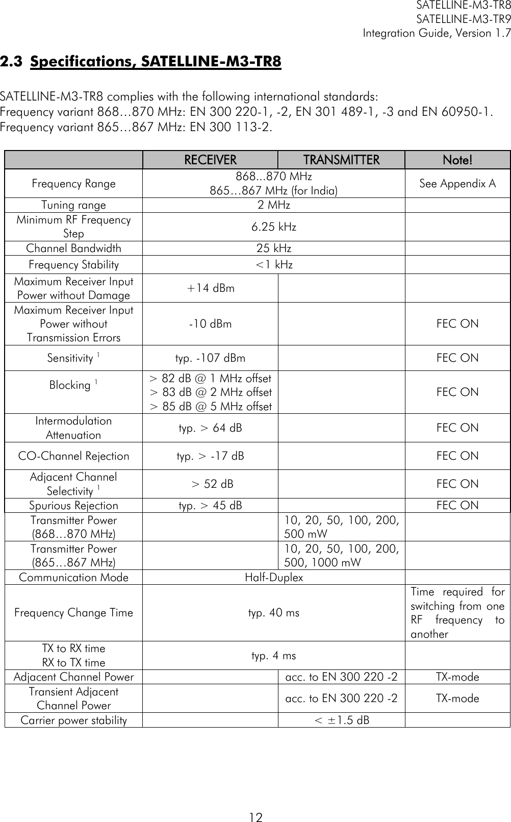         SATELLINE-M3-TR8       SATELLINE-M3-TR9 Integration Guide, Version 1.7  12 2.3 Specifications, SATELLINE-M3-TR8  SATELLINE-M3-TR8 complies with the following international standards: Frequency variant 868…870 MHz: EN 300 220-1, -2, EN 301 489-1, -3 and EN 60950-1. Frequency variant 865…867 MHz: EN 300 113-2.   RECEIVER TRANSMITTER Note! Frequency Range 868...870 MHz 865…867 MHz (for India) See Appendix A Tuning range 2 MHz  Minimum RF Frequency Step 6.25 kHz  Channel Bandwidth 25 kHz  Frequency Stability &lt;1 kHz  Maximum Receiver Input Power without Damage +14 dBm   Maximum Receiver Input Power without Transmission Errors -10 dBm  FEC ON Sensitivity 1 typ. -107 dBm  FEC ON Blocking 1  &gt; 82 dB @ 1 MHz offset &gt; 83 dB @ 2 MHz offset &gt; 85 dB @ 5 MHz offset  FEC ON Intermodulation Attenuation  typ. &gt; 64 dB  FEC ON CO-Channel Rejection typ. &gt; -17 dB  FEC ON Adjacent Channel Selectivity 1  &gt; 52 dB  FEC ON Spurious Rejection typ. &gt; 45 dB  FEC ON Transmitter Power (868…870 MHz)  10, 20, 50, 100, 200, 500 mW  Transmitter Power (865…867 MHz)  10, 20, 50, 100, 200, 500, 1000 mW  Communication Mode Half-Duplex  Frequency Change Time typ. 40 ms Time  required  for switching from one RF  frequency  to another TX to RX time   RX to TX time typ. 4 ms  Adjacent Channel Power  acc. to EN 300 220 -2 TX-mode Transient Adjacent Channel Power  acc. to EN 300 220 -2 TX-mode Carrier power stability  &lt; ±1.5 dB     