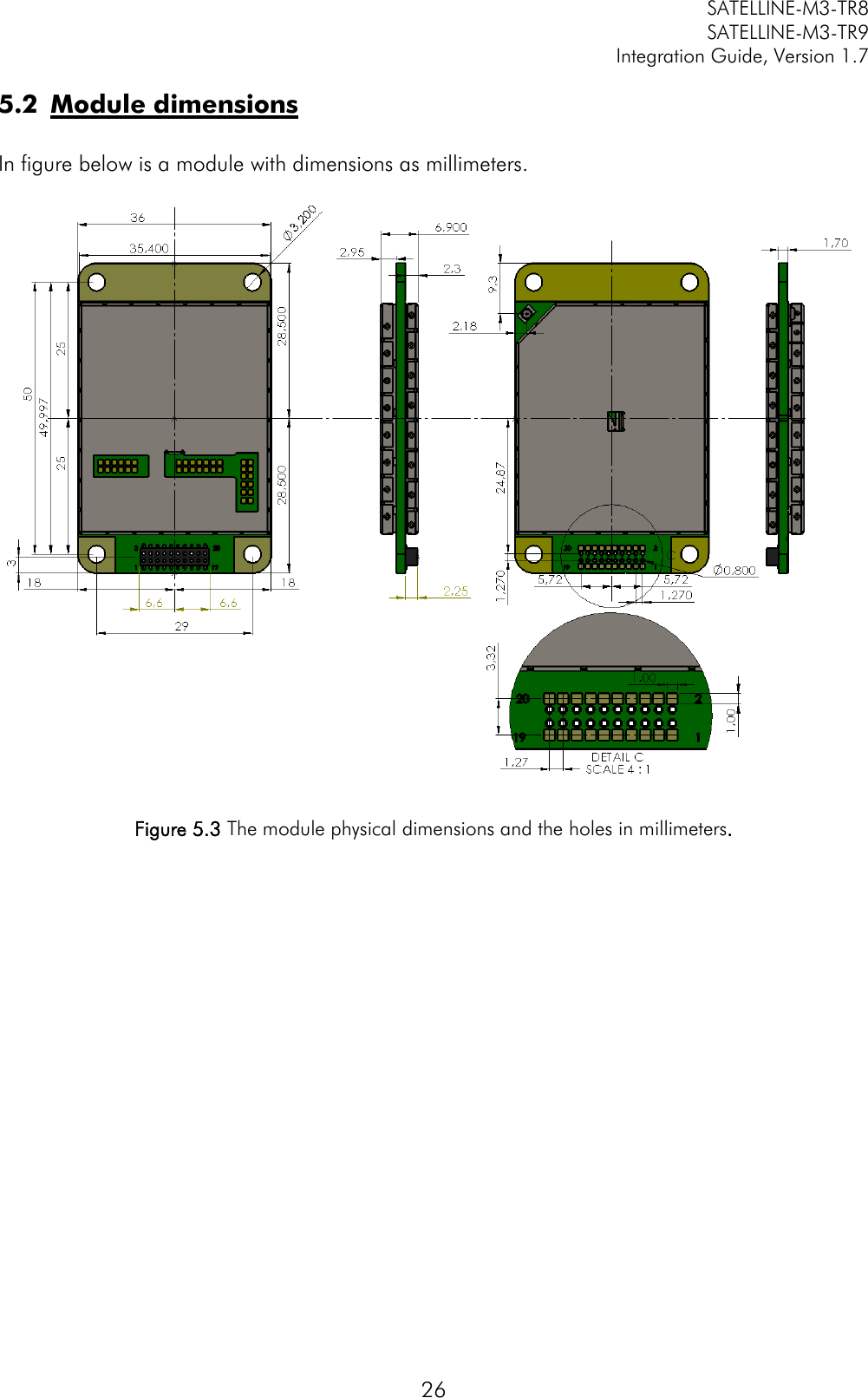         SATELLINE-M3-TR8       SATELLINE-M3-TR9 Integration Guide, Version 1.7  26 5.2 Module dimensions  In figure below is a module with dimensions as millimeters.    Figure 5.3 The module physical dimensions and the holes in millimeters. 