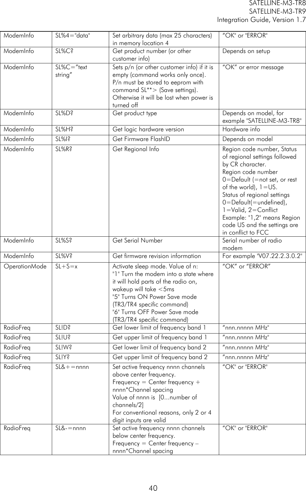         SATELLINE-M3-TR8       SATELLINE-M3-TR9 Integration Guide, Version 1.7  40 ModemInfo SL%4=&quot;data&quot; Set arbitrary data (max 25 characters) in memory location 4 “OK&quot; or &quot;ERROR&quot; ModemInfo SL%C? Get product number (or other customer info) Depends on setup ModemInfo SL%C=”text string” Sets p/n (or other customer info) if it is empty (command works only once). P/n must be stored to eeprom with command SL**&gt; (Save settings). Otherwise it will be lost when power is turned off “OK” or error message ModemInfo SL%D? Get product type Depends on model, for example &quot;SATELLINE-M3-TR8&quot; ModemInfo SL%H? Get logic hardware version Hardware info ModemInfo SL%I? Get Firmware FlashID Depends on model ModemInfo SL%R? Get Regional Info Region code number, Status of regional settings followed by CR character. Region code number 0=Default (=not set, or rest of the world), 1=US. Status of regional settings 0=Default(=undefined), 1=Valid, 2=Conflict Example: &quot;1,2&quot; means Region code US and the settings are in conflict to FCC ModemInfo SL%S? Get Serial Number Serial number of radio modem  ModemInfo SL%V? Get firmware revision information For example &quot;V07.22.2.3.0.2&quot; OperationMode SL+S=x Activate sleep mode. Value of n: &quot;1&quot; Turn the modem into a state where it will hold parts of the radio on, wakeup will take &lt;5ms &quot;5&quot; Turns ON Power Save mode (TR3/TR4 specific command) &quot;6&quot; Turns OFF Power Save mode (TR3/TR4 specific command) “OK” or “ERROR” RadioFreq SL!D? Get lower limit of frequency band 1 “nnn.nnnnn MHz&quot; RadioFreq SL!U? Get upper limit of frequency band 1 ”nnn.nnnnn MHz&quot; RadioFreq SL!W? Get lower limit of frequency band 2 ”nnn.nnnnn MHz&quot; RadioFreq SL!Y? Get upper limit of frequency band 2 ”nnn.nnnnn MHz&quot; RadioFreq SL&amp;+=nnnn Set active frequency nnnn channels above center frequency. Frequency = Center frequency + nnnn*Channel spacing Value of nnnn is  [0...number of channels/2] For conventional reasons, only 2 or 4 digit inputs are valid “OK&quot; or &quot;ERROR&quot; RadioFreq SL&amp;-=nnnn Set active frequency nnnn channels below center frequency. Frequency = Center frequency – nnnn*Channel spacing “OK&quot; or &quot;ERROR&quot; 