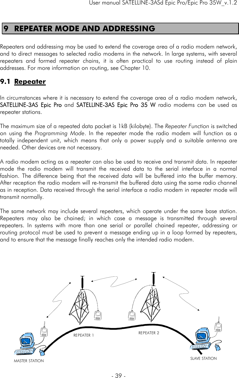     User manual SATELLINE-3ASd Epic Pro/Epic Pro 35W_v.1.2  - 39 -  9 REPEATER MODE AND ADDRESSING  Repeaters and addressing may be used to extend the coverage area of a radio modem network, and to direct messages to selected radio modems in the network. In large systems, with several repeaters and formed repeater chains, it is often practical to use routing instead of plain addresses. For more information on routing, see Chapter 10. 9.1 Repeater  In circumstances where it is necessary to extend the coverage area of a radio modem network, SATELLINE-3AS Epic Pro and SATELLINE-3AS Epic Pro 35 W radio modems can be used as repeater stations.  The maximum size of a repeated data packet is 1kB (kilobyte). The Repeater Function is switched on using the Programming Mode. In the repeater mode the radio modem will function as a totally independent unit, which means that only a power supply and a suitable antenna are needed. Other devices are not necessary.   A radio modem acting as a repeater can also be used to receive and transmit data. In repeater mode the radio modem will transmit the received data to the serial interface in a normal fashion. The difference being that the received data will be buffered into the buffer memory. After reception the radio modem will re-transmit the buffered data using the same radio channel as in reception. Data received through the serial interface a radio modem in repeater mode will transmit normally.   The same network may include several repeaters, which operate under the same base station. Repeaters may also be chained; in which case a message is transmitted through several repeaters. In systems with more than one serial or parallel chained repeater, addressing or routing protocol must be used to prevent a message ending up in a loop formed by repeaters, and to ensure that the message finally reaches only the intended radio modem.       MASTER STATION REPEATER 1 REPEATER 2SLAVE STATION