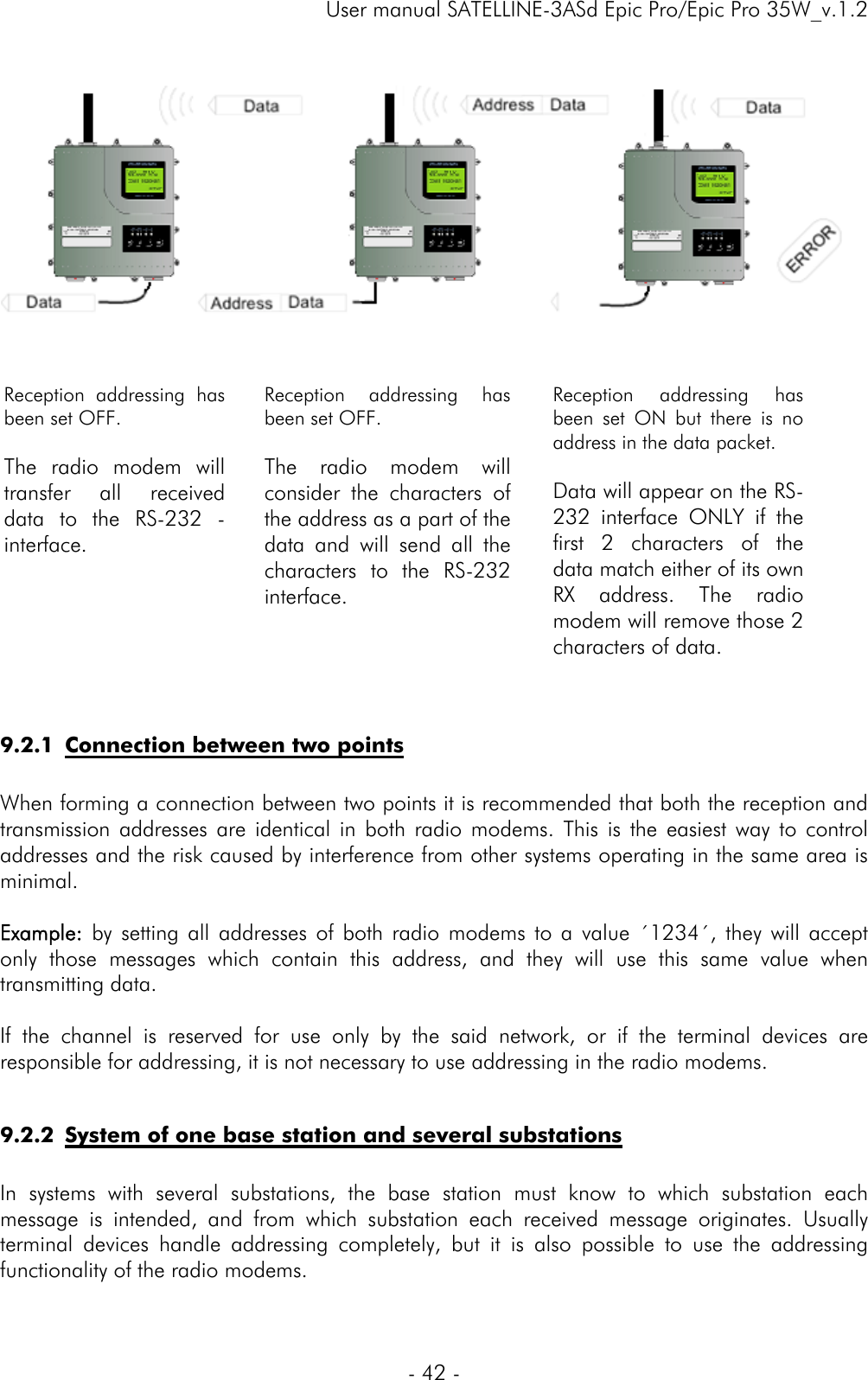     User manual SATELLINE-3ASd Epic Pro/Epic Pro 35W_v.1.2  - 42 -      Reception addressing has been set OFF.  The radio modem will transfer all received data to the RS-232 -interface.  Reception addressing has been set OFF.  The radio modem will consider the characters of the address as a part of the data and will send all the characters to the RS-232 interface.  Reception addressing has been set ON but there is no address in the data packet.   Data will appear on the RS-232 interface ONLY if the first 2 characters of the data match either of its own RX address. The radio modem will remove those 2 characters of data.   9.2.1 Connection between two points  When forming a connection between two points it is recommended that both the reception and transmission addresses are identical in both radio modems. This is the easiest way to control addresses and the risk caused by interference from other systems operating in the same area is minimal.   Example: by setting all addresses of both radio modems to a value ´1234´, they will accept only those messages which contain this address, and they will use this same value when transmitting data.  If the channel is reserved for use only by the said network, or if the terminal devices are responsible for addressing, it is not necessary to use addressing in the radio modems.   9.2.2 System of one base station and several substations  In systems with several substations, the base station must know to which substation each message is intended, and from which substation each received message originates. Usually terminal devices handle addressing completely, but it is also possible to use the addressing functionality of the radio modems.   