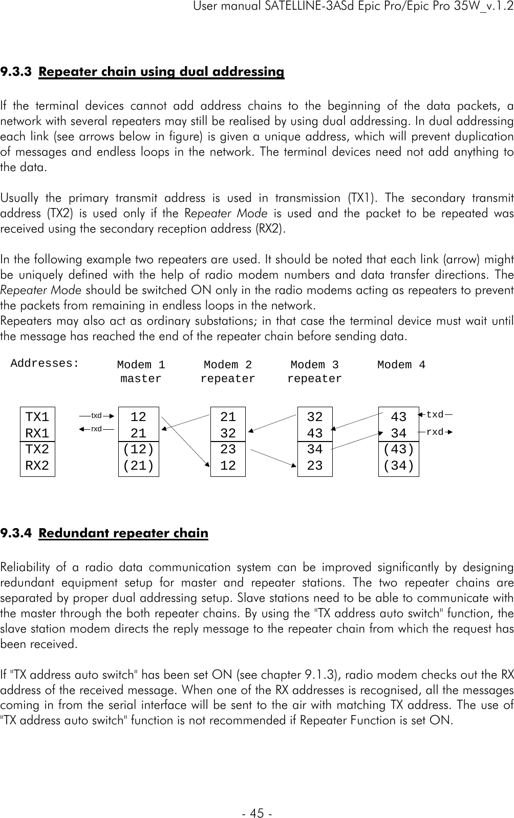     User manual SATELLINE-3ASd Epic Pro/Epic Pro 35W_v.1.2  - 45 -   9.3.3 Repeater chain using dual addressing  If the terminal devices cannot add address chains to the beginning of the data packets, a network with several repeaters may still be realised by using dual addressing. In dual addressing each link (see arrows below in figure) is given a unique address, which will prevent duplication of messages and endless loops in the network. The terminal devices need not add anything to the data.  Usually the primary transmit address is used in transmission (TX1). The secondary transmit address (TX2) is used only if the Repeater Mode is used and the packet to be repeated was received using the secondary reception address (RX2).  In the following example two repeaters are used. It should be noted that each link (arrow) might be uniquely defined with the help of radio modem numbers and data transfer directions. The Repeater Mode should be switched ON only in the radio modems acting as repeaters to prevent the packets from remaining in endless loops in the network.  Repeaters may also act as ordinary substations; in that case the terminal device must wait until the message has reached the end of the repeater chain before sending data.            9.3.4 Redundant repeater chain  Reliability of a radio data communication system can be improved significantly by designing redundant equipment setup for master and repeater stations. The two repeater chains are separated by proper dual addressing setup. Slave stations need to be able to communicate with the master through the both repeater chains. By using the &quot;TX address auto switch&quot; function, the slave station modem directs the reply message to the repeater chain from which the request has been received.  If &quot;TX address auto switch&quot; has been set ON (see chapter 9.1.3), radio modem checks out the RX address of the received message. When one of the RX addresses is recognised, all the messages coming in from the serial interface will be sent to the air with matching TX address. The use of &quot;TX address auto switch&quot; function is not recommended if Repeater Function is set ON. 1221(12)(21)21322312324334234334(43)(34)rxdtxdrxdtxdModem 1masterModem 2repeaterModem 3repeaterModem 4TX1RX1TX2RX2Addresses: