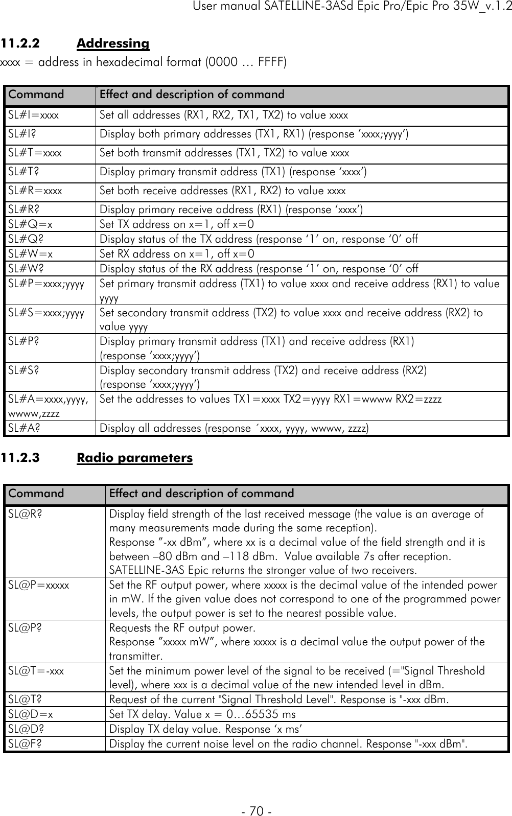     User manual SATELLINE-3ASd Epic Pro/Epic Pro 35W_v.1.2  - 70 -  11.2.2 Addressing xxxx = address in hexadecimal format (0000 … FFFF)  Command   Effect and description of command SL#I=xxxx  Set all addresses (RX1, RX2, TX1, TX2) to value xxxx SL#I?  Display both primary addresses (TX1, RX1) (response ’xxxx;yyyy’) SL#T=xxxx  Set both transmit addresses (TX1, TX2) to value xxxx SL#T?  Display primary transmit address (TX1) (response ‘xxxx’) SL#R=xxxx  Set both receive addresses (RX1, RX2) to value xxxx SL#R?  Display primary receive address (RX1) (response ‘xxxx’) SL#Q=x  Set TX address on x=1, off x=0 SL#Q?  Display status of the TX address (response ‘1’ on, response ‘0’ off SL#W=x  Set RX address on x=1, off x=0 SL#W?  Display status of the RX address (response ‘1’ on, response ‘0’ off SL#P=xxxx;yyyy  Set primary transmit address (TX1) to value xxxx and receive address (RX1) to value yyyy SL#S=xxxx;yyyy  Set secondary transmit address (TX2) to value xxxx and receive address (RX2) to value yyyy  SL#P?  Display primary transmit address (TX1) and receive address (RX1)  (response ‘xxxx;yyyy’) SL#S?  Display secondary transmit address (TX2) and receive address (RX2) (response ‘xxxx;yyyy’) SL#A=xxxx,yyyy,wwww,zzzz Set the addresses to values TX1=xxxx TX2=yyyy RX1=wwww RX2=zzzz SL#A?  Display all addresses (response ´xxxx, yyyy, wwww, zzzz)  11.2.3 Radio parameters  Command   Effect and description of command SL@R?  Display field strength of the last received message (the value is an average of many measurements made during the same reception).  Response ”-xx dBm”, where xx is a decimal value of the field strength and it is between –80 dBm and –118 dBm.  Value available 7s after reception. SATELLINE-3AS Epic returns the stronger value of two receivers. SL@P=xxxxx  Set the RF output power, where xxxxx is the decimal value of the intended power in mW. If the given value does not correspond to one of the programmed power levels, the output power is set to the nearest possible value.  SL@P?  Requests the RF output power. Response ”xxxxx mW”, where xxxxx is a decimal value the output power of the transmitter. SL@T=-xxx  Set the minimum power level of the signal to be received (=&quot;Signal Threshold level), where xxx is a decimal value of the new intended level in dBm. SL@T?  Request of the current &quot;Signal Threshold Level&quot;. Response is &quot;-xxx dBm. SL@D=x  Set TX delay. Value x = 0…65535 ms SL@D?  Display TX delay value. Response ‘x ms’ SL@F?  Display the current noise level on the radio channel. Response &quot;-xxx dBm&quot;. 