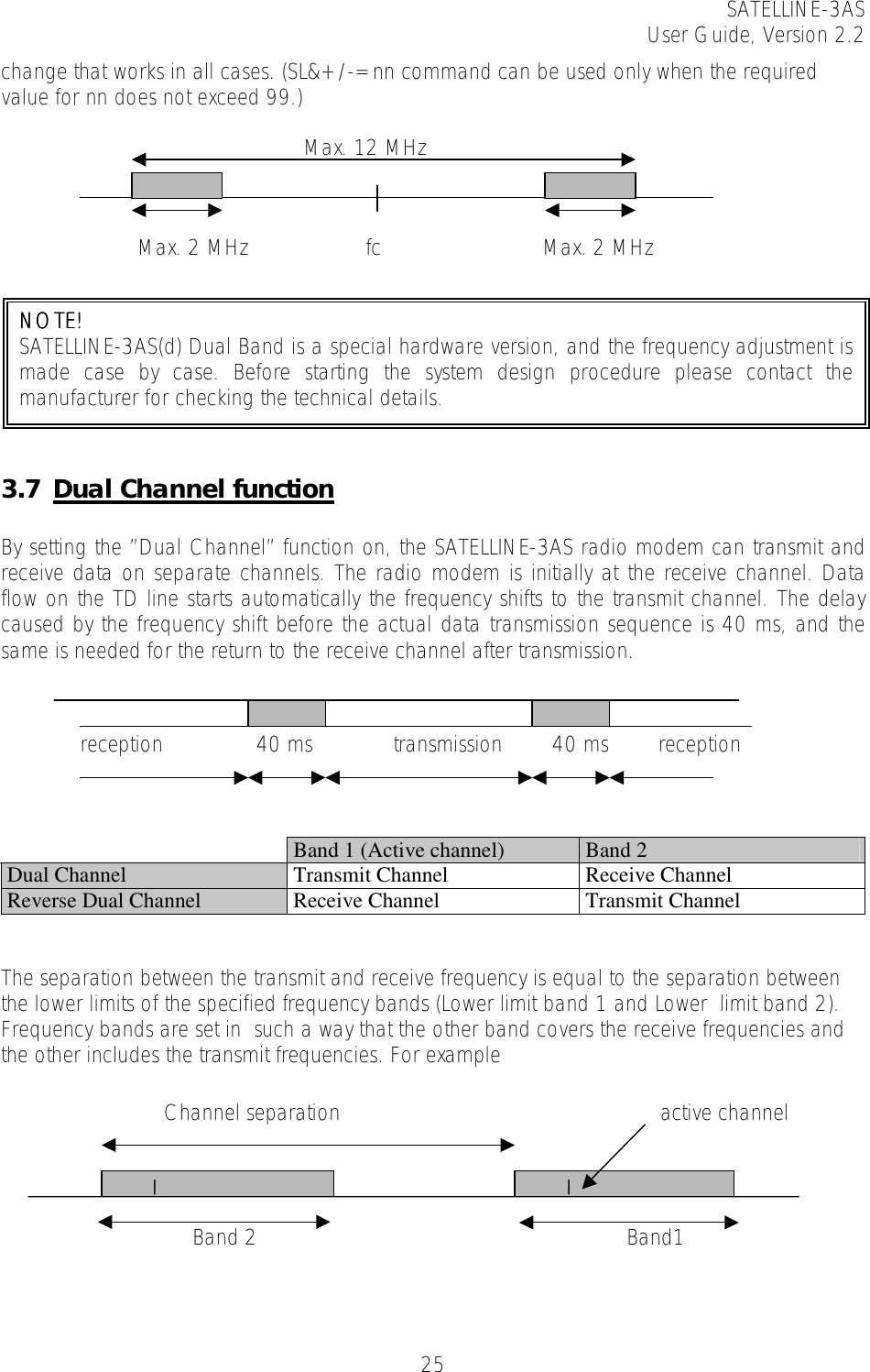 SATELLINE-3AS User Guide, Version 2.2   25reception               40 ms             transmission        40 ms        reception    Channel separation                            active channel              |                                               |                      Band 2                                         Band1     change that works in all cases. (SL&amp;+/-=nn command can be used only when the required value for nn does not exceed 99.)             Max. 12 MHz                          Max. 2 MHz                   fc                      Max. 2 MHz   3.7 Dual Channel function  By setting the ”Dual Channel” function on, the SATELLINE-3AS radio modem can transmit and receive data on separate channels. The radio modem is initially at the receive channel. Data flow on the TD line starts automatically the frequency shifts to the transmit channel. The delay caused by the frequency shift before the actual data transmission sequence is 40 ms, and the same is needed for the return to the receive channel after transmission.         Band 1 (Active channel)  Band 2 Dual Channel  Transmit Channel  Receive Channel Reverse Dual Channel  Receive Channel  Transmit Channel   The separation between the transmit and receive frequency is equal to the separation between the lower limits of the specified frequency bands (Lower limit band 1 and Lower  limit band 2). Frequency bands are set in  such a way that the other band covers the receive frequencies and the other includes the transmit frequencies. For example          NOTE!NOTE!NOTE!NOTE!  SATELLINE-3AS(d) Dual Band is a special hardware version, and the frequency adjustment ismade case by case. Before starting the system design procedure please contact the manufacturer for checking the technical details. 