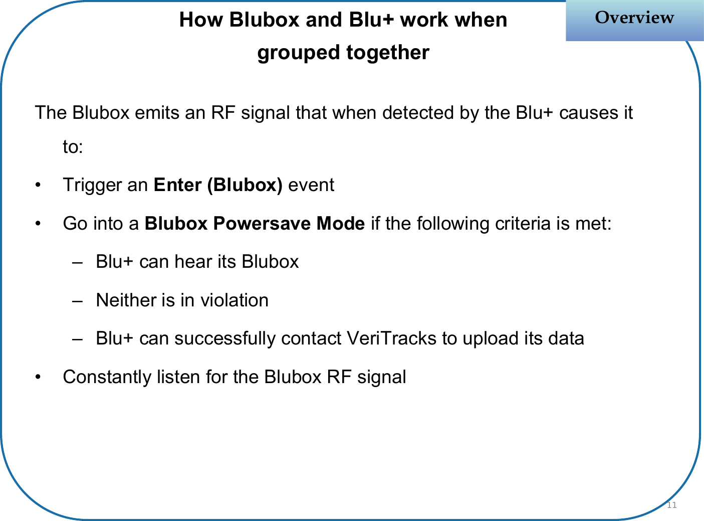 OverviewOverviewThe Blubox emits an RF signal that when detected by the Blu+ causes it to:• Trigger an Enter (Blubox) event• Go into a Blubox Powersave Mode if the following criteria is met:– Blu+ can hear its Blubox– Neither is in violation– Blu+ can successfully contact VeriTracks to upload its data• Constantly listen for the Blubox RF signalHow Blubox and Blu+ work when grouped together11
