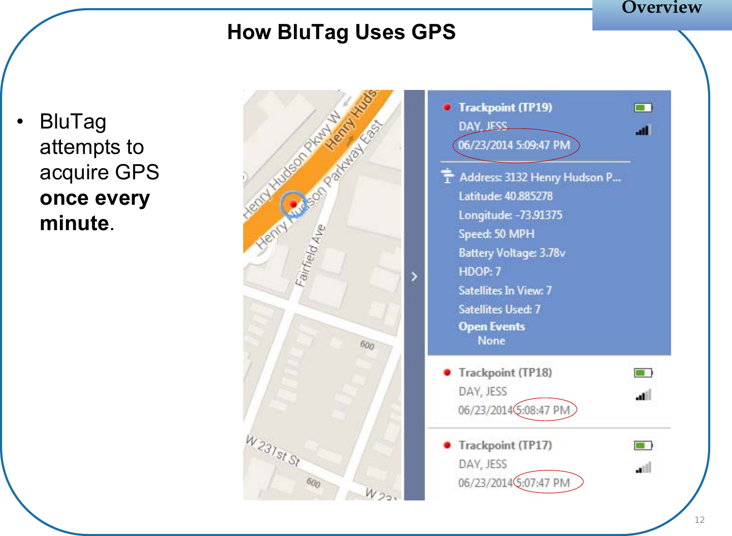 • BluTag attempts to acquire GPS once every minute.OverviewOverviewHow BluTag Uses GPS12